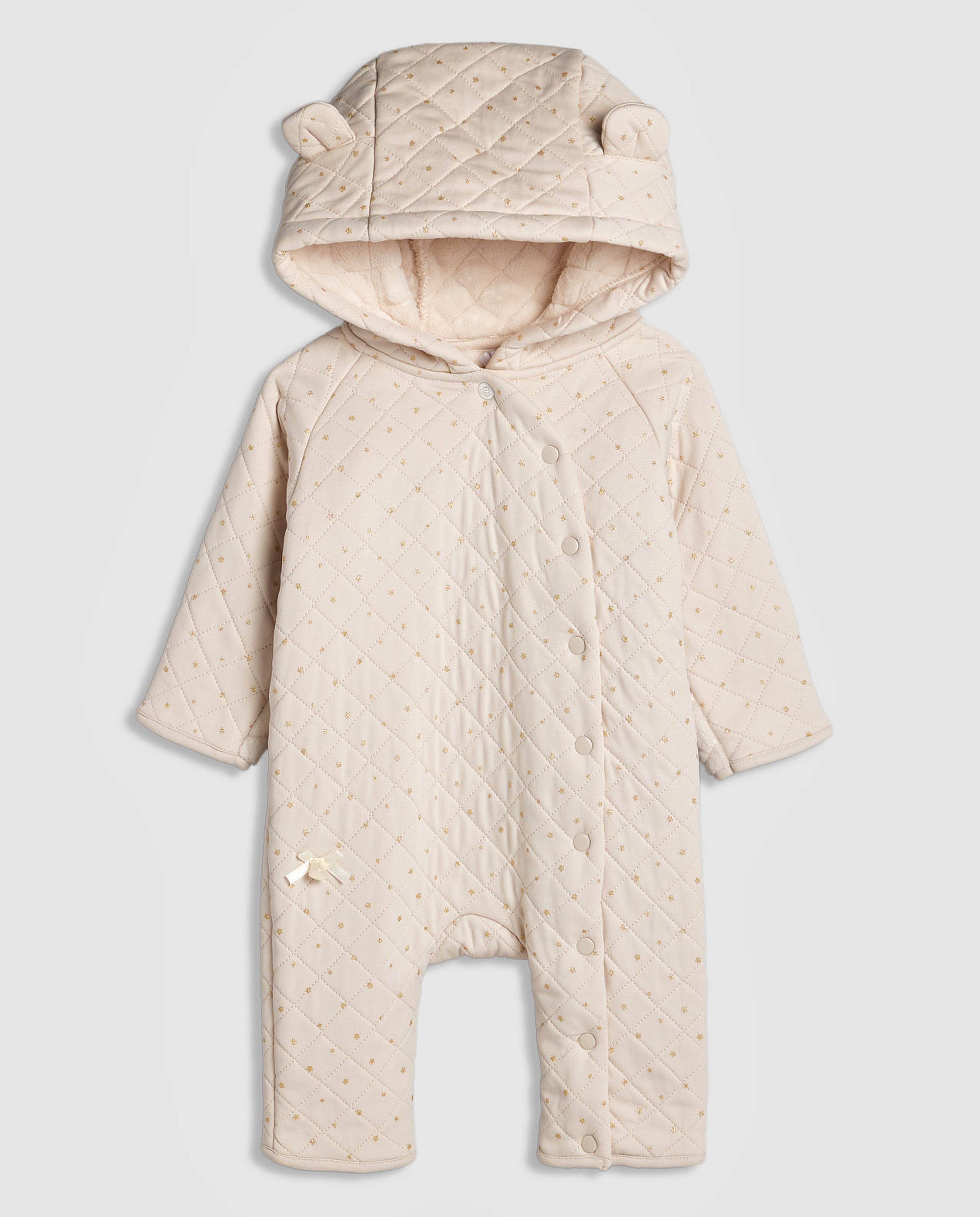 Printed Quilted Hooded Sleepsuit with Long Sleeves