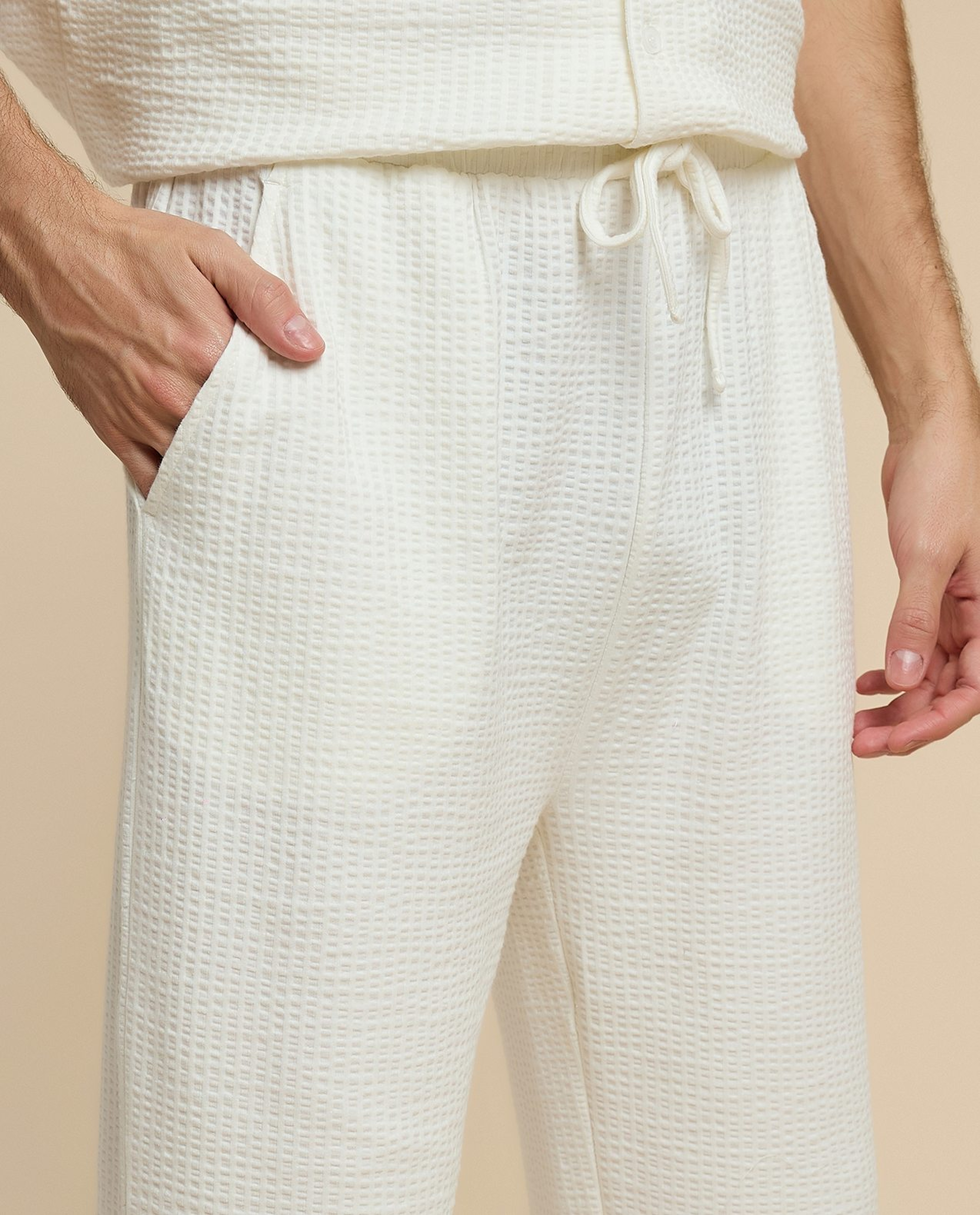 Textured Straight Fit Pants with Drawstring Waist