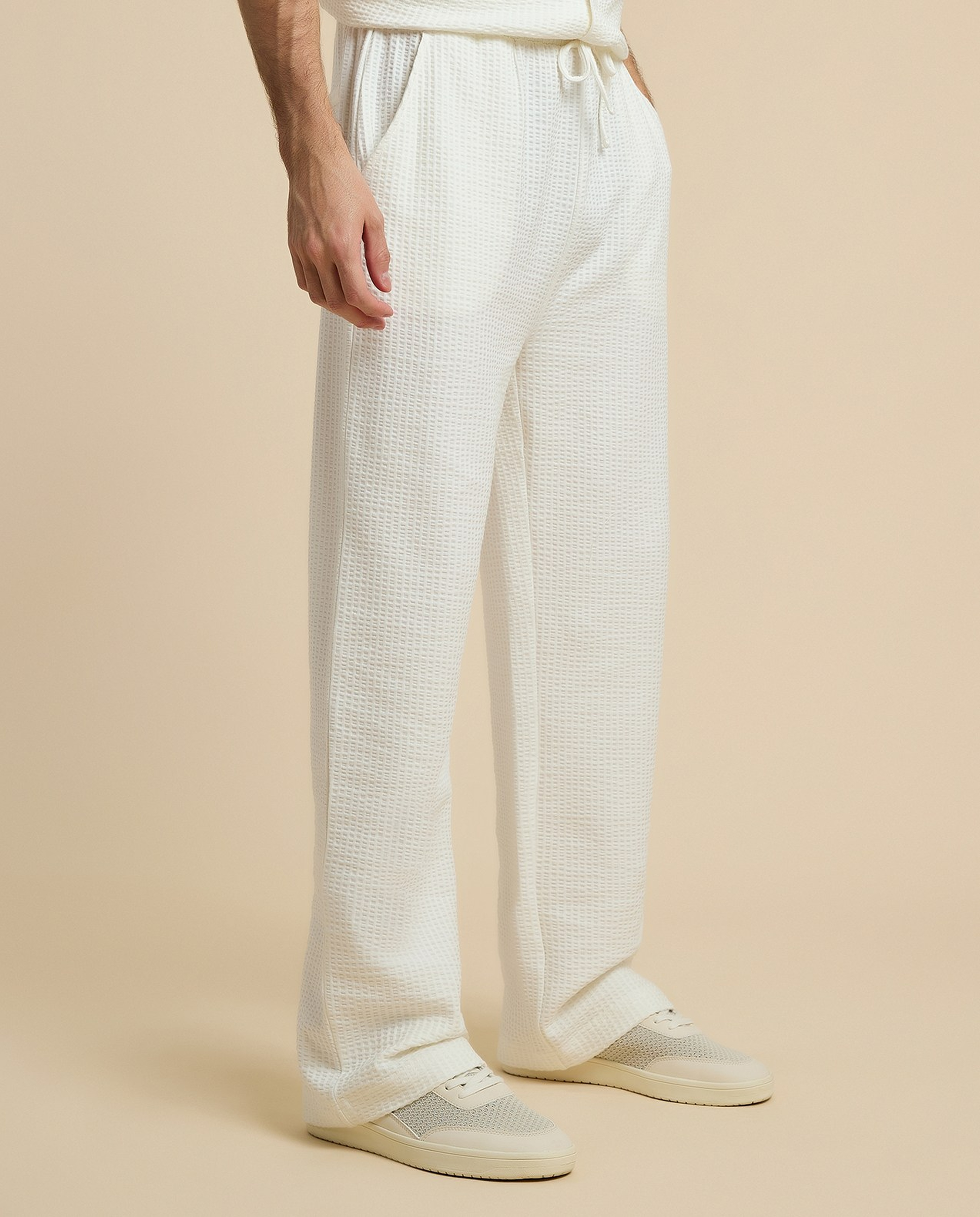 Textured Straight Fit Pants with Drawstring Waist