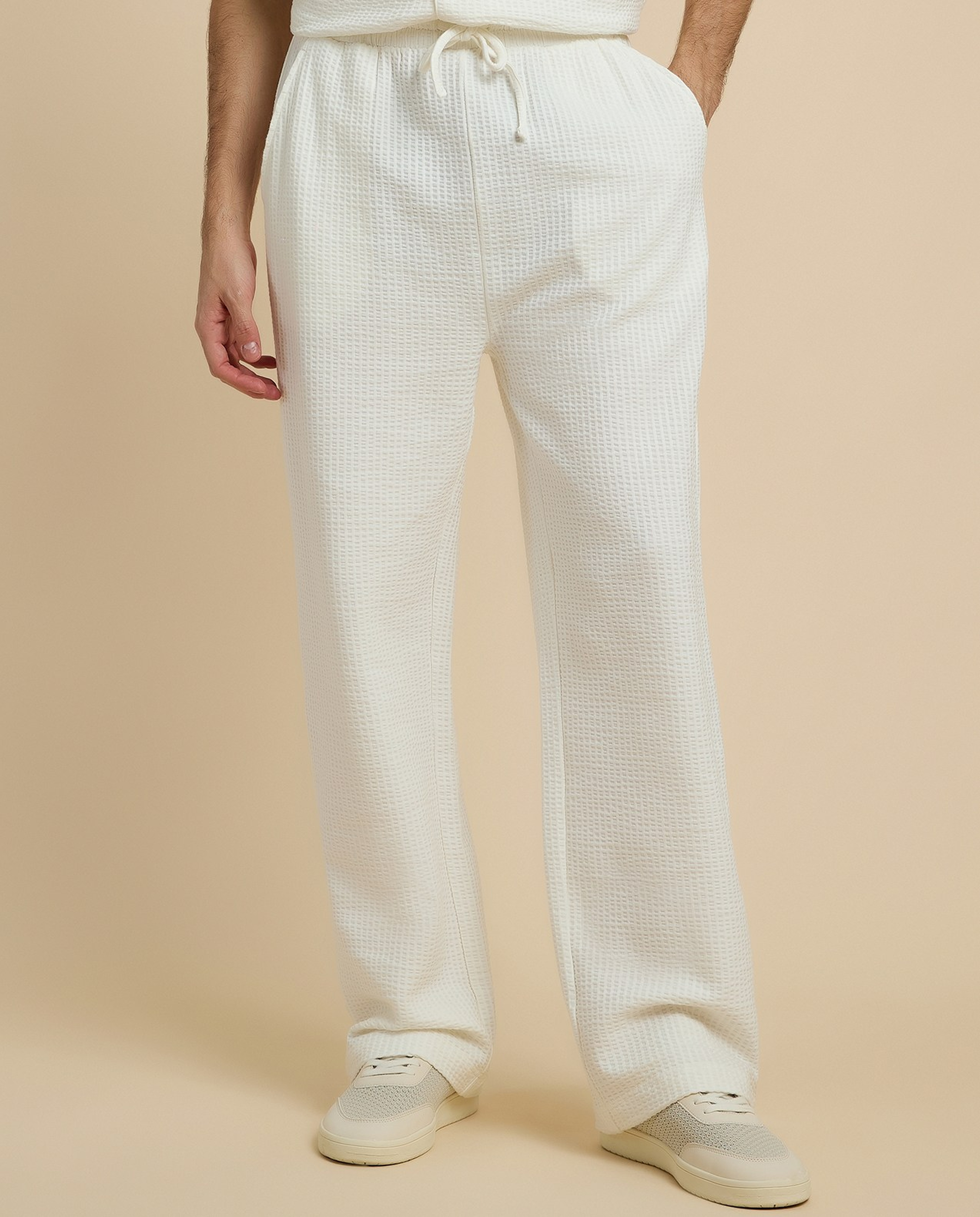 Textured Straight Fit Pants with Drawstring Waist
