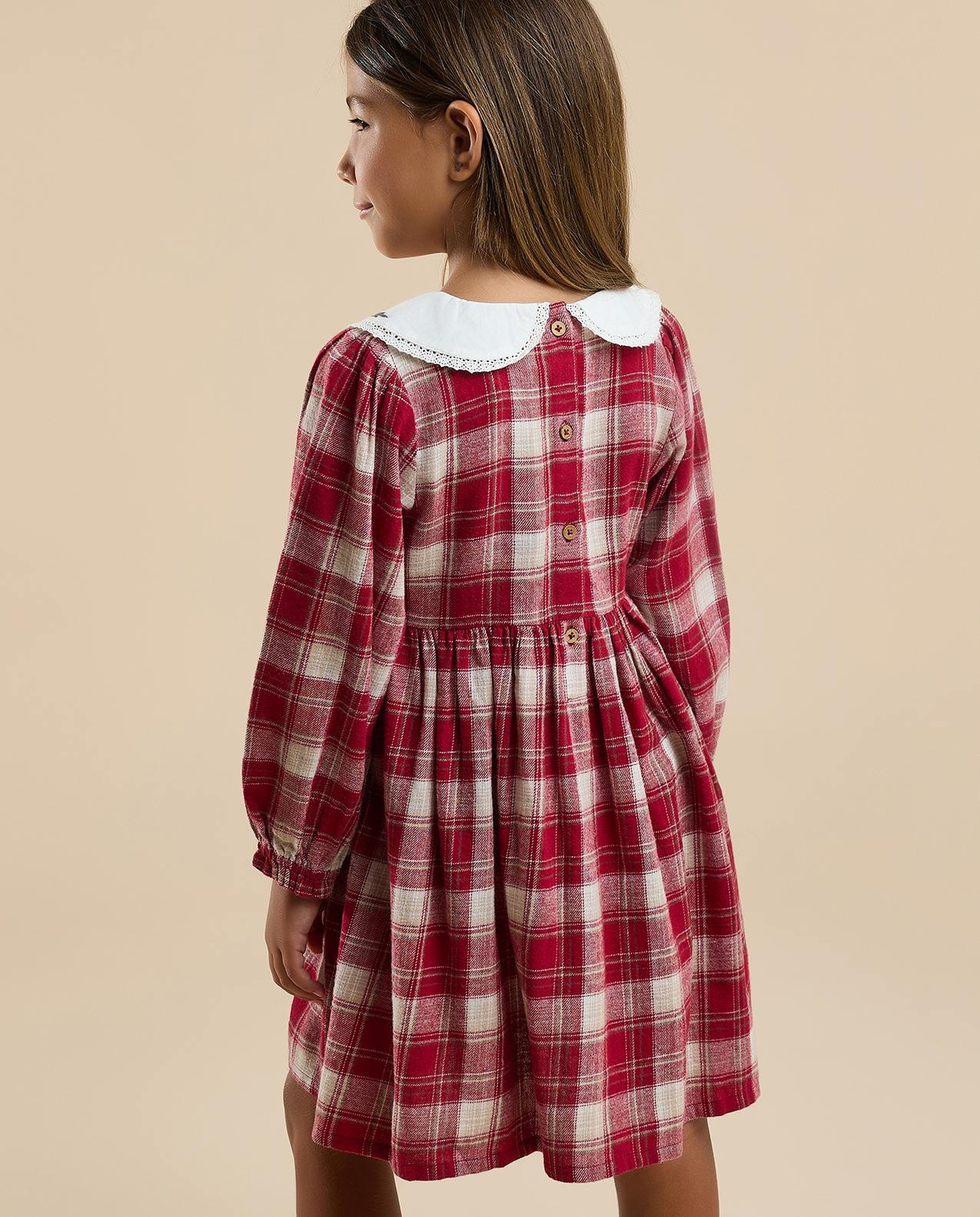 Plaid Flared Dress with Baby Collar and Long Sleeves