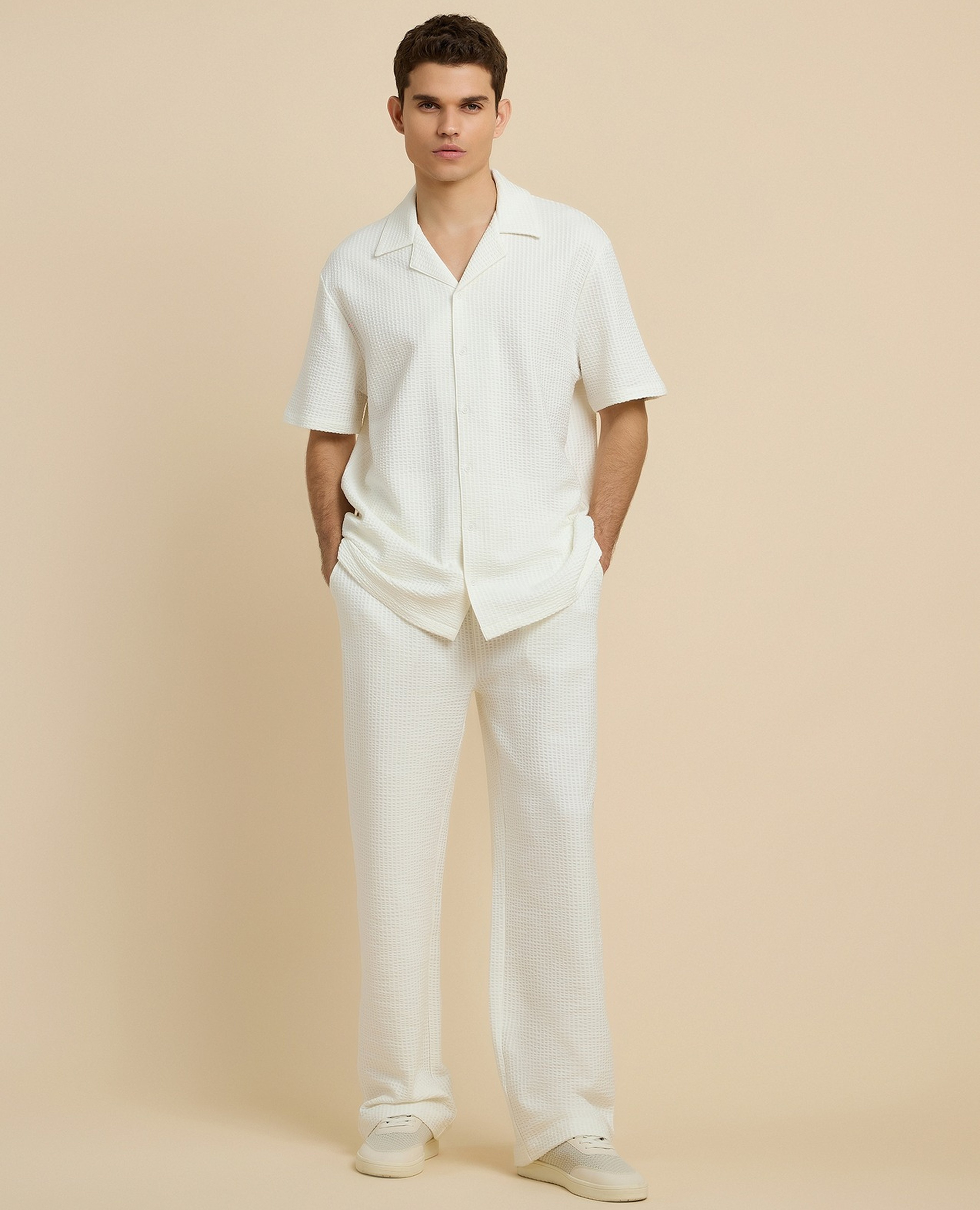 Textured Straight Fit Pants with Drawstring Waist