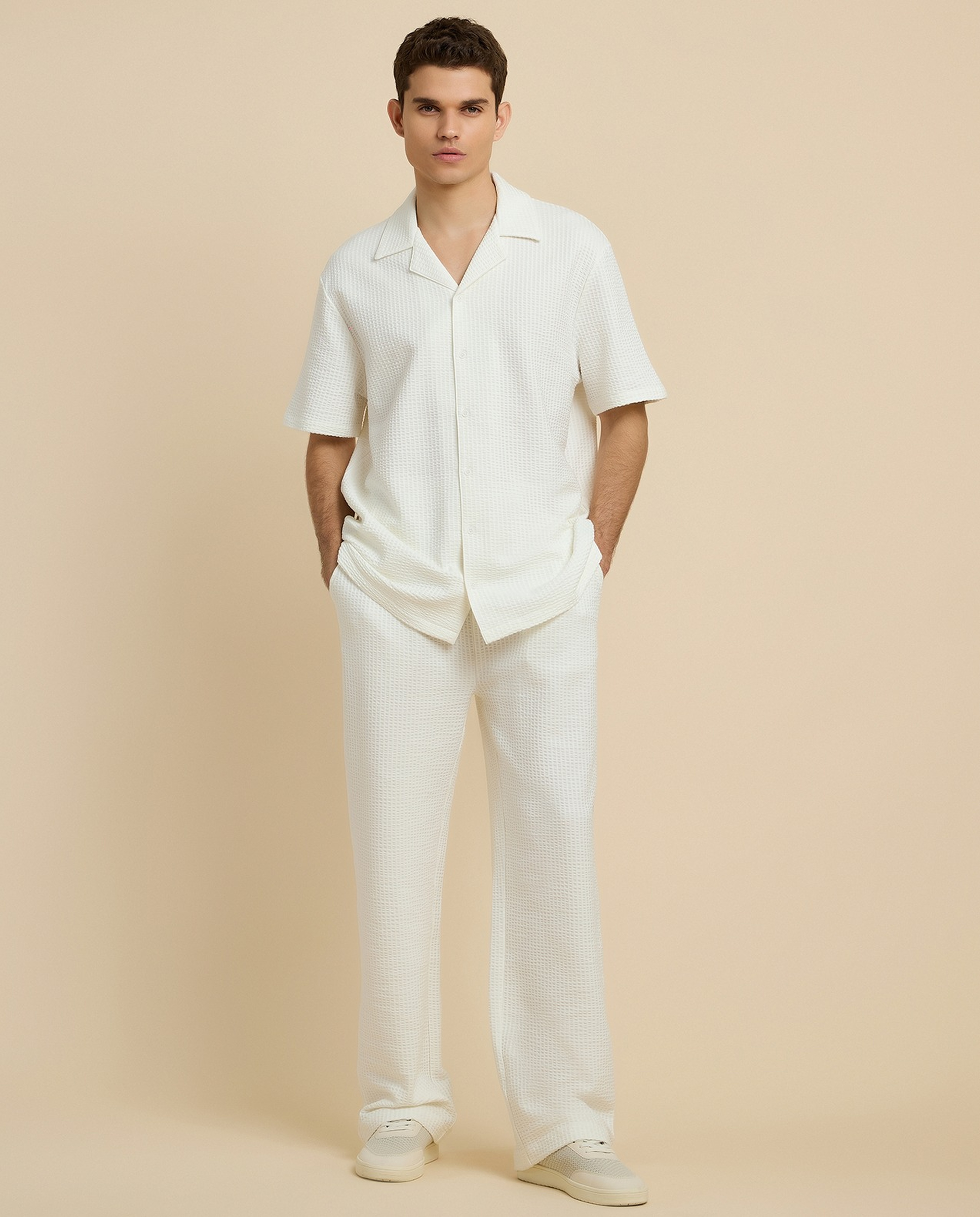 Textured Straight Fit Pants with Drawstring Waist