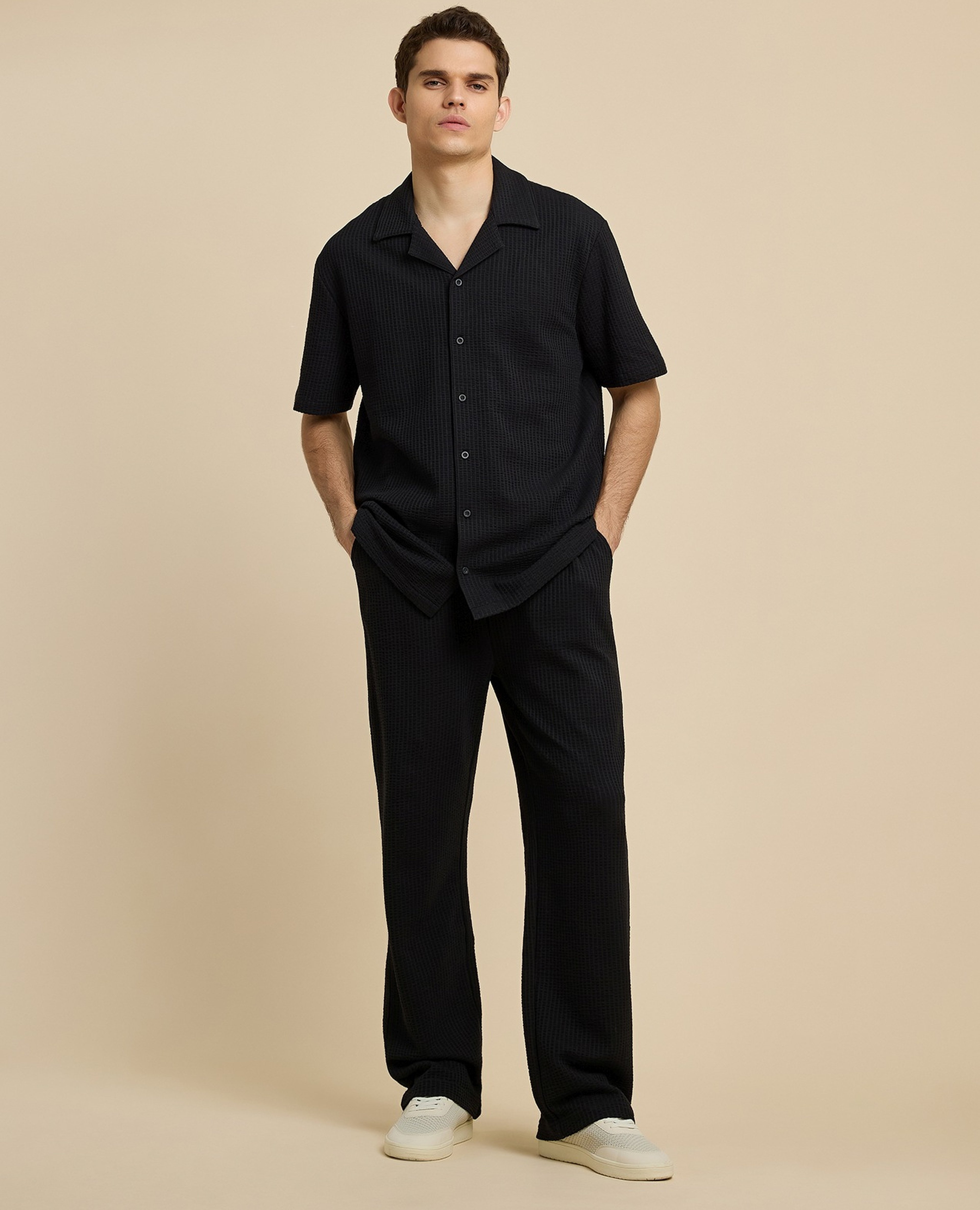 Textured Straight Fit Pants with Drawstring Waist