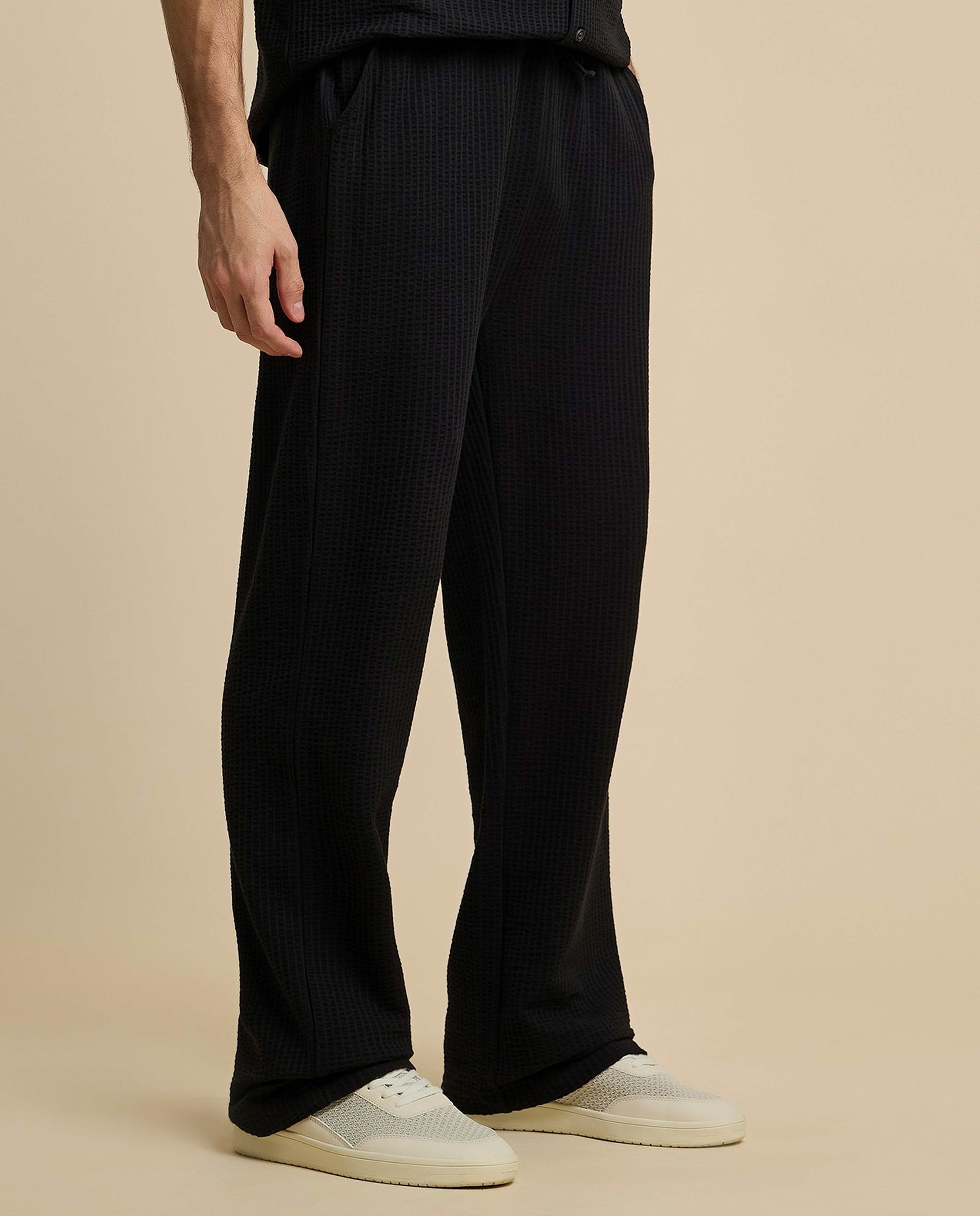 Textured Straight Fit Pants with Drawstring Waist