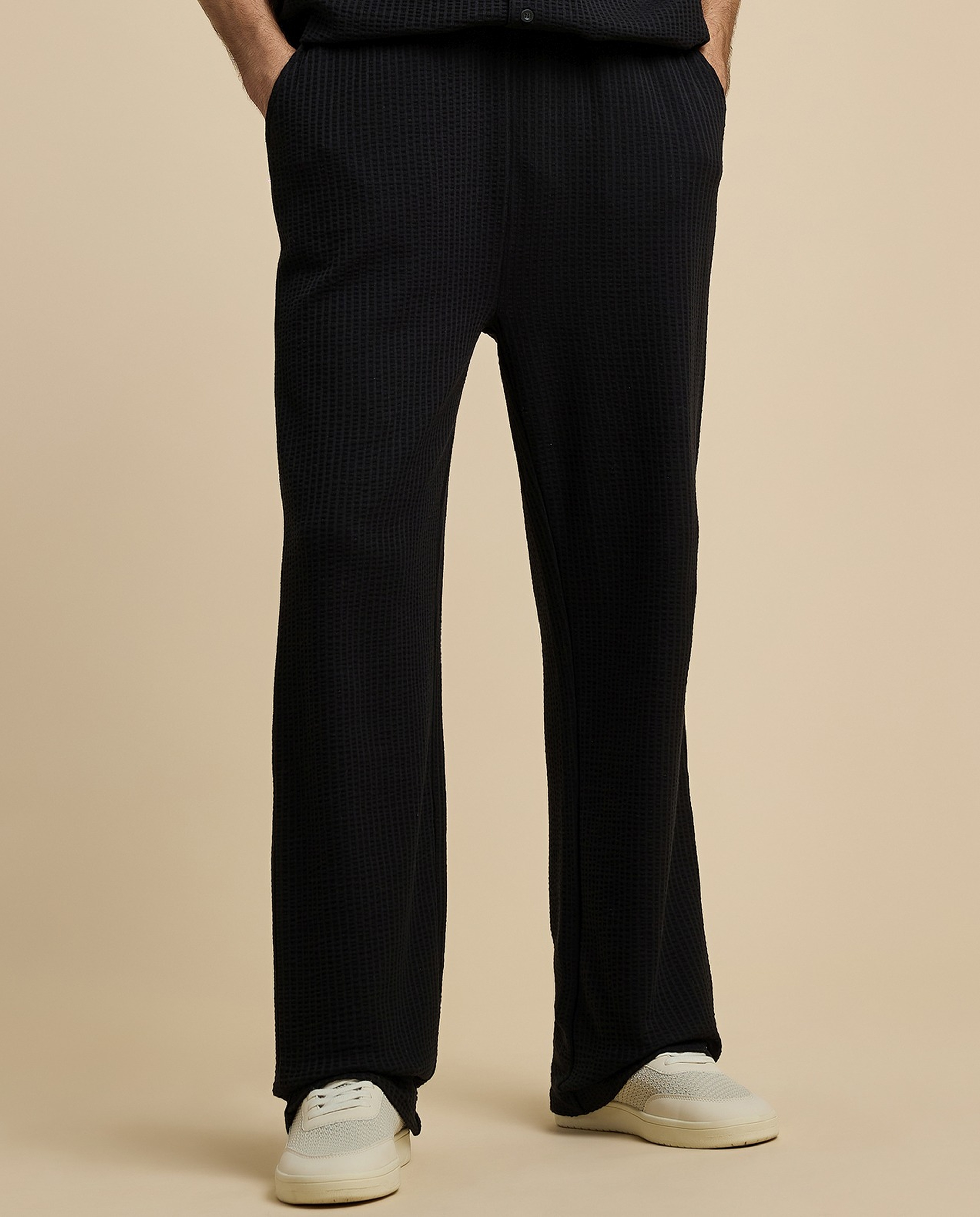 Textured Straight Fit Pants with Drawstring Waist