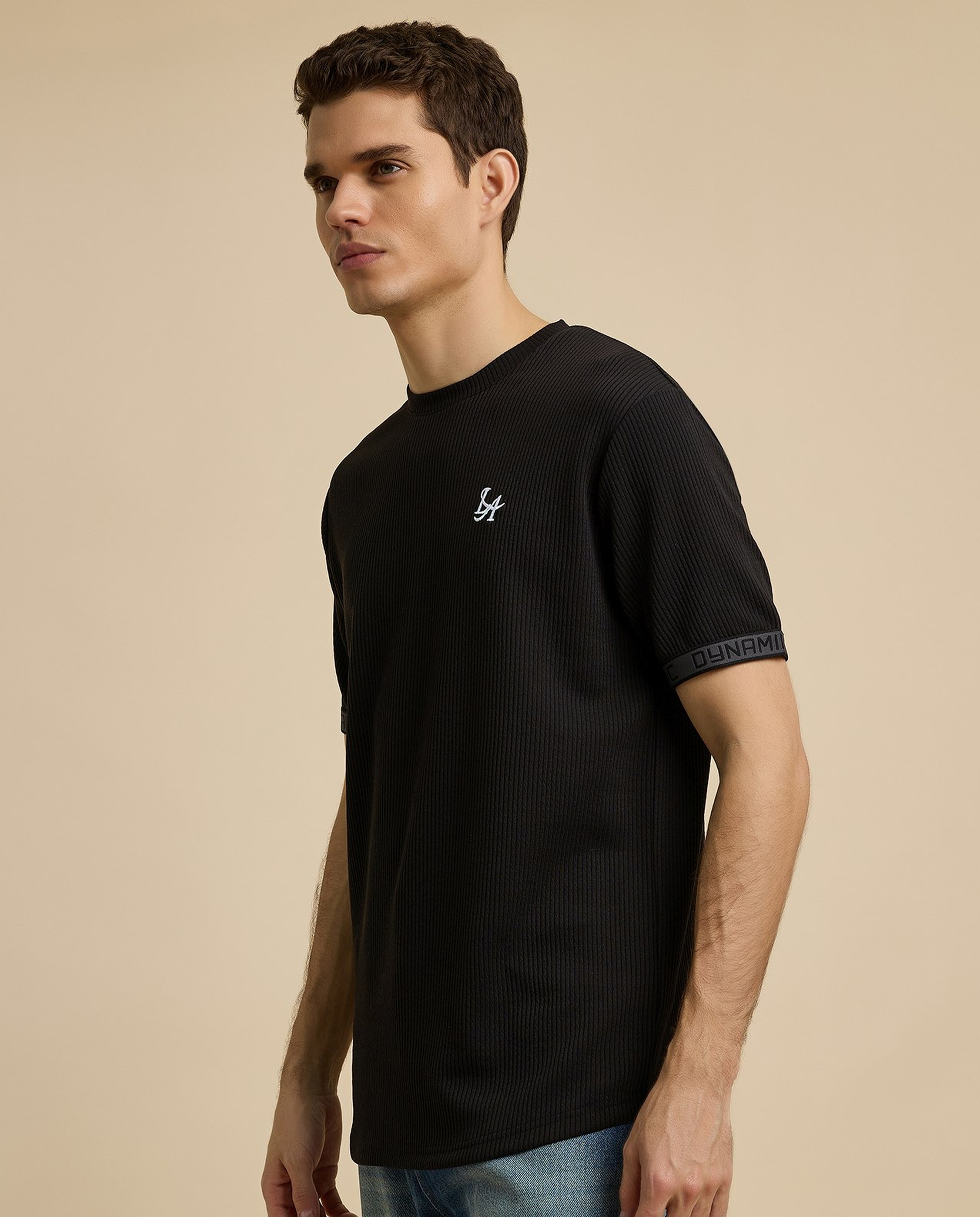 Ribbed T-Shirt with Crew Neck and Short Sleeves