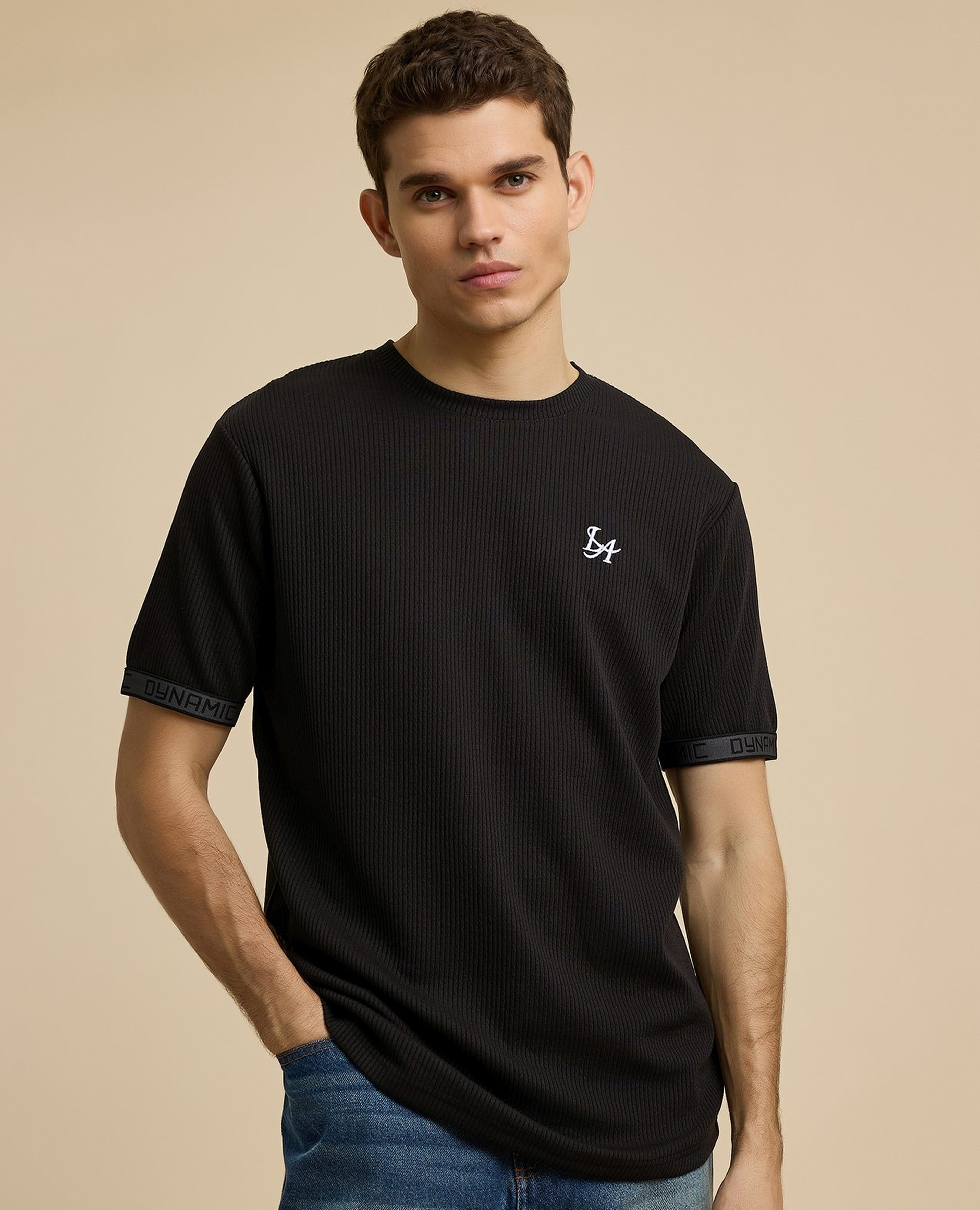 Ribbed T-Shirt with Crew Neck and Short Sleeves