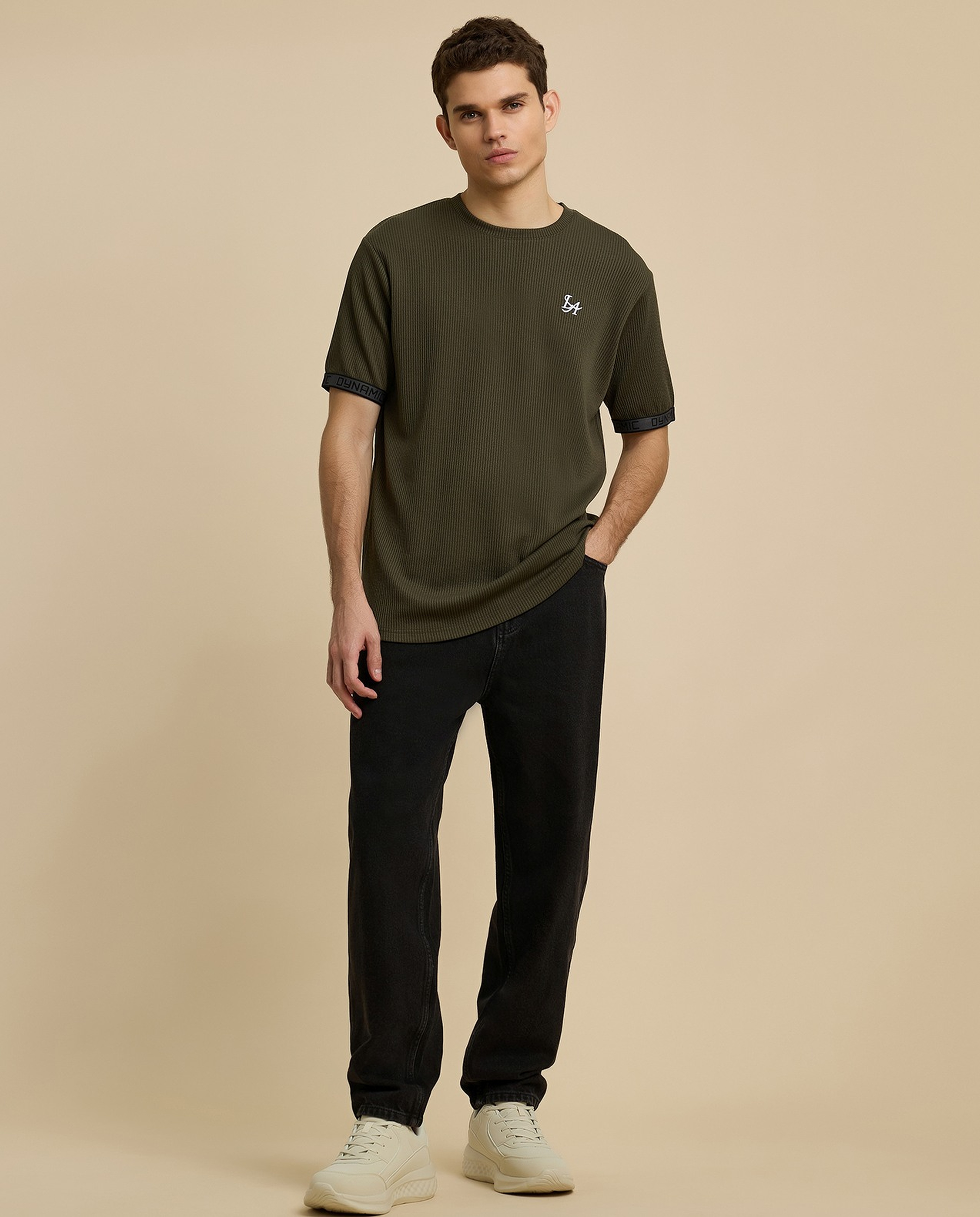 Ribbed T-Shirt with Crew Neck and Short Sleeves