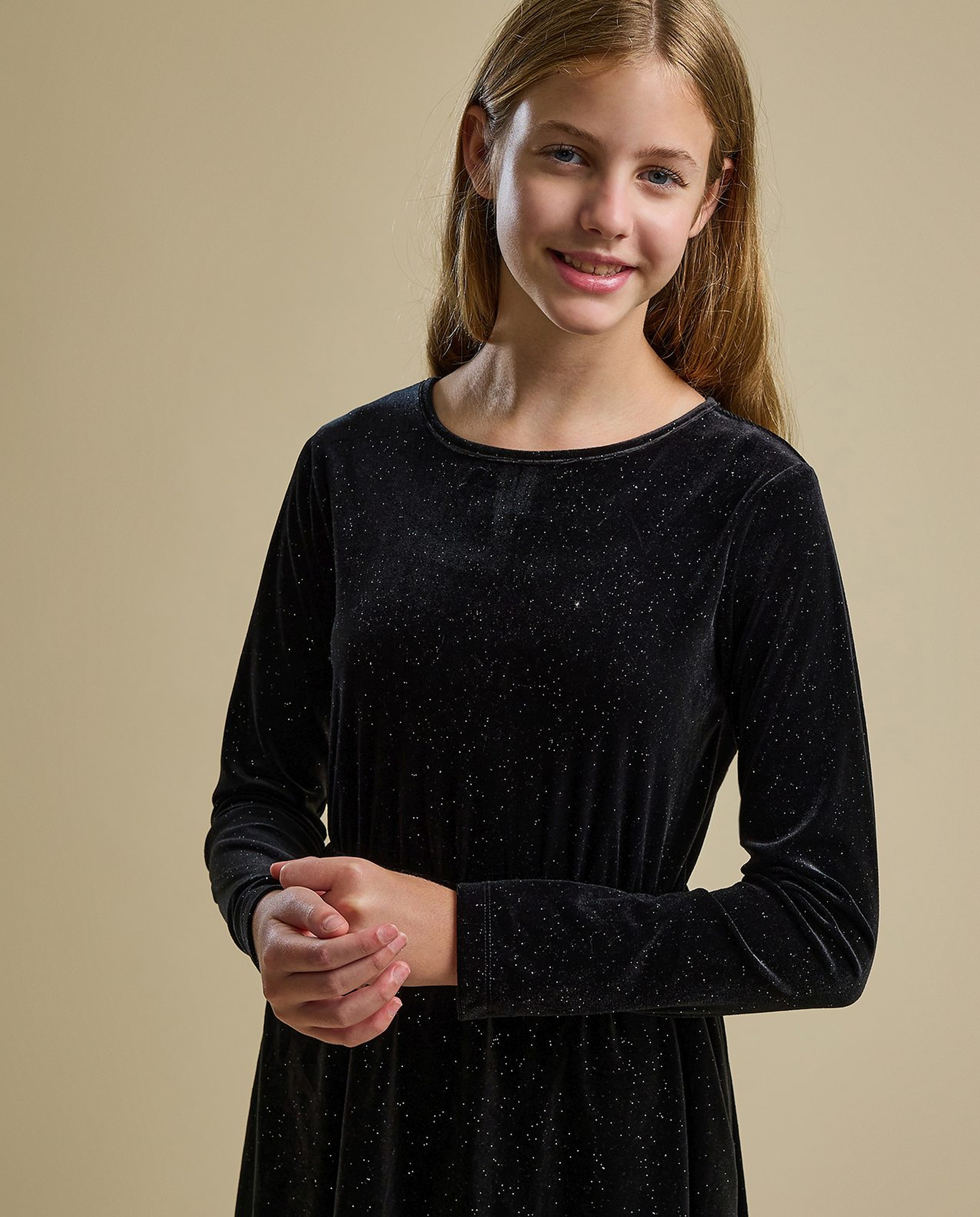 Solid Fit and Flare Dress with Crew Neck and Long Sleeves