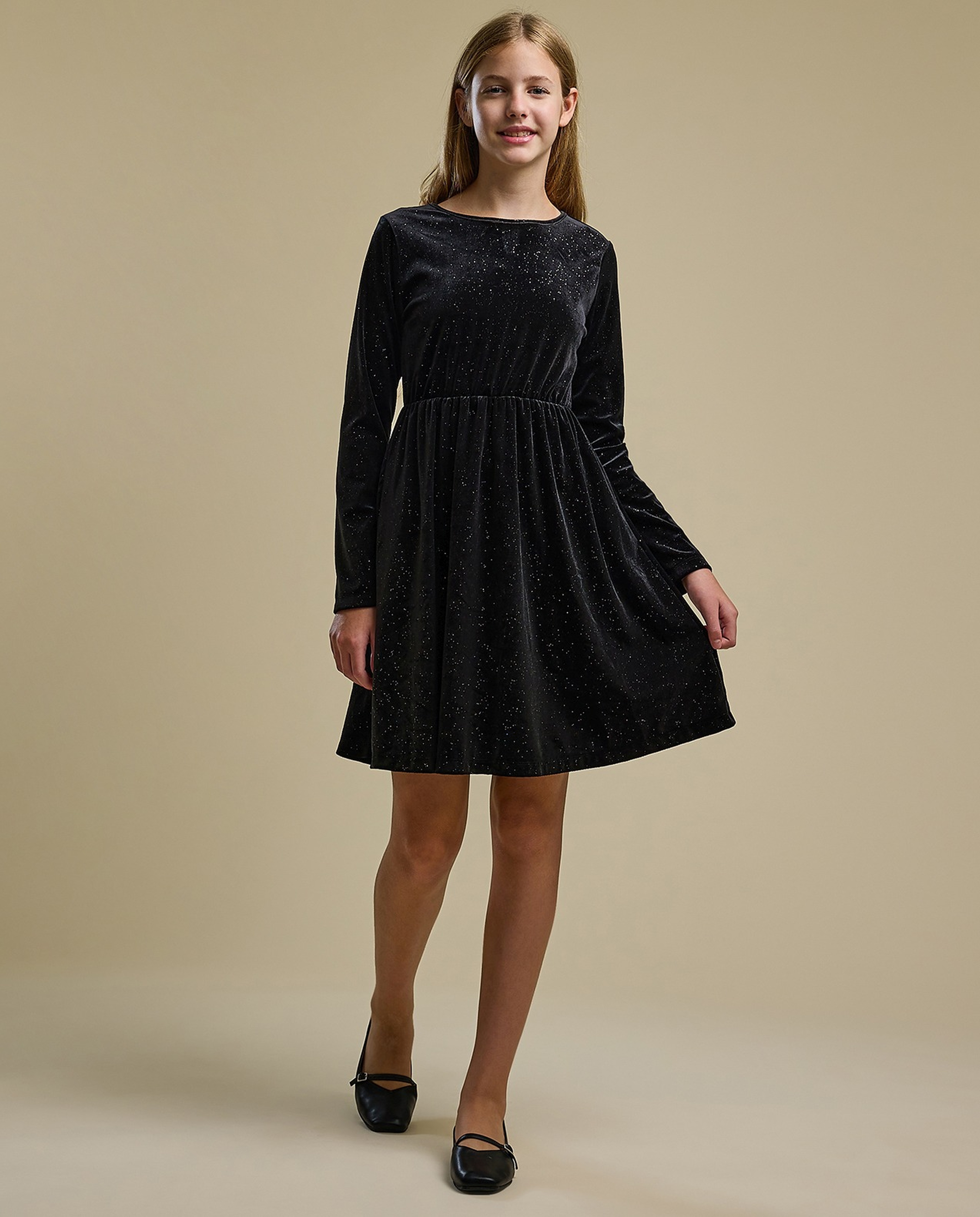Solid Fit and Flare Dress with Crew Neck and Long Sleeves