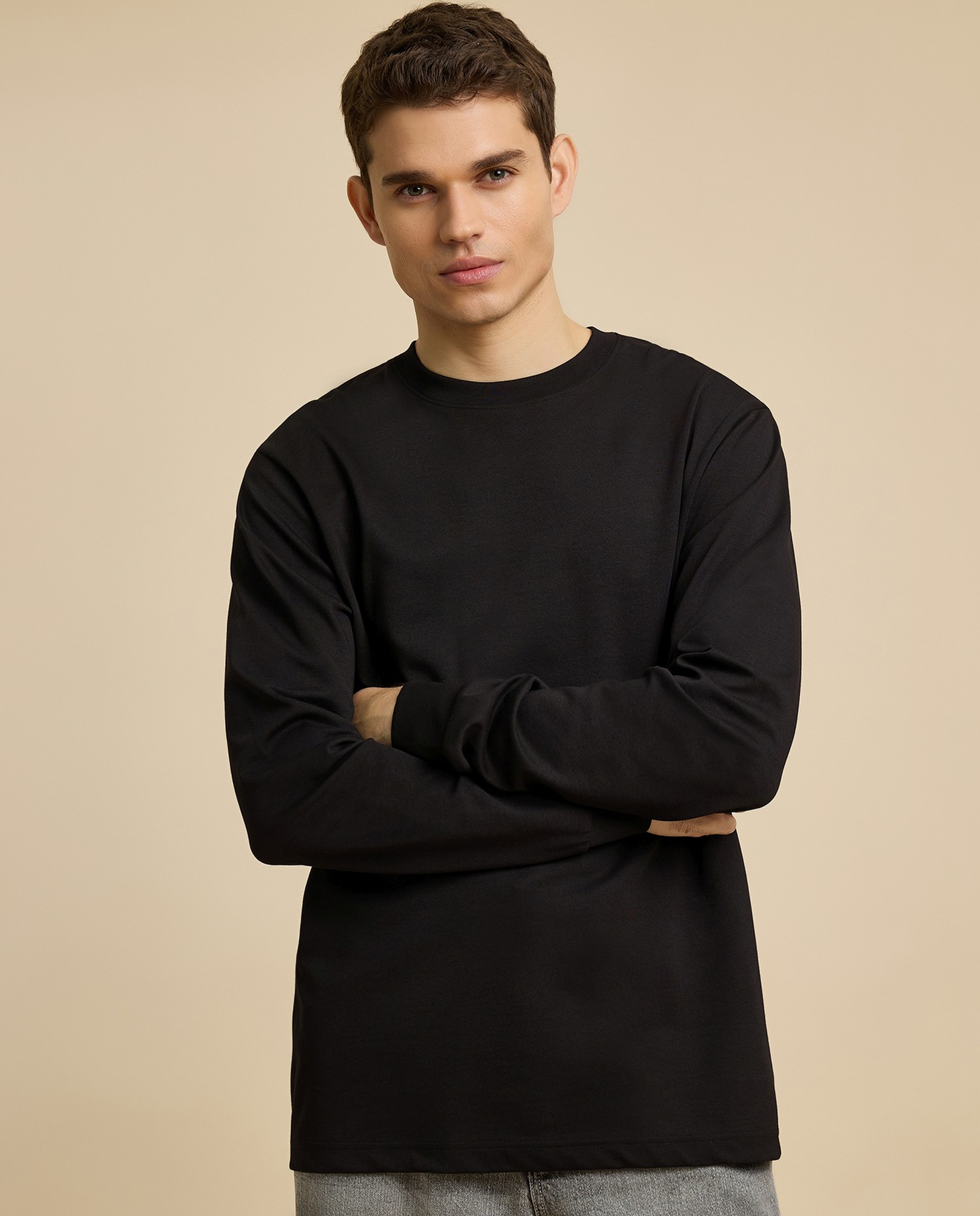 Solid T-Shirt with Crew Neck and Long Sleeves