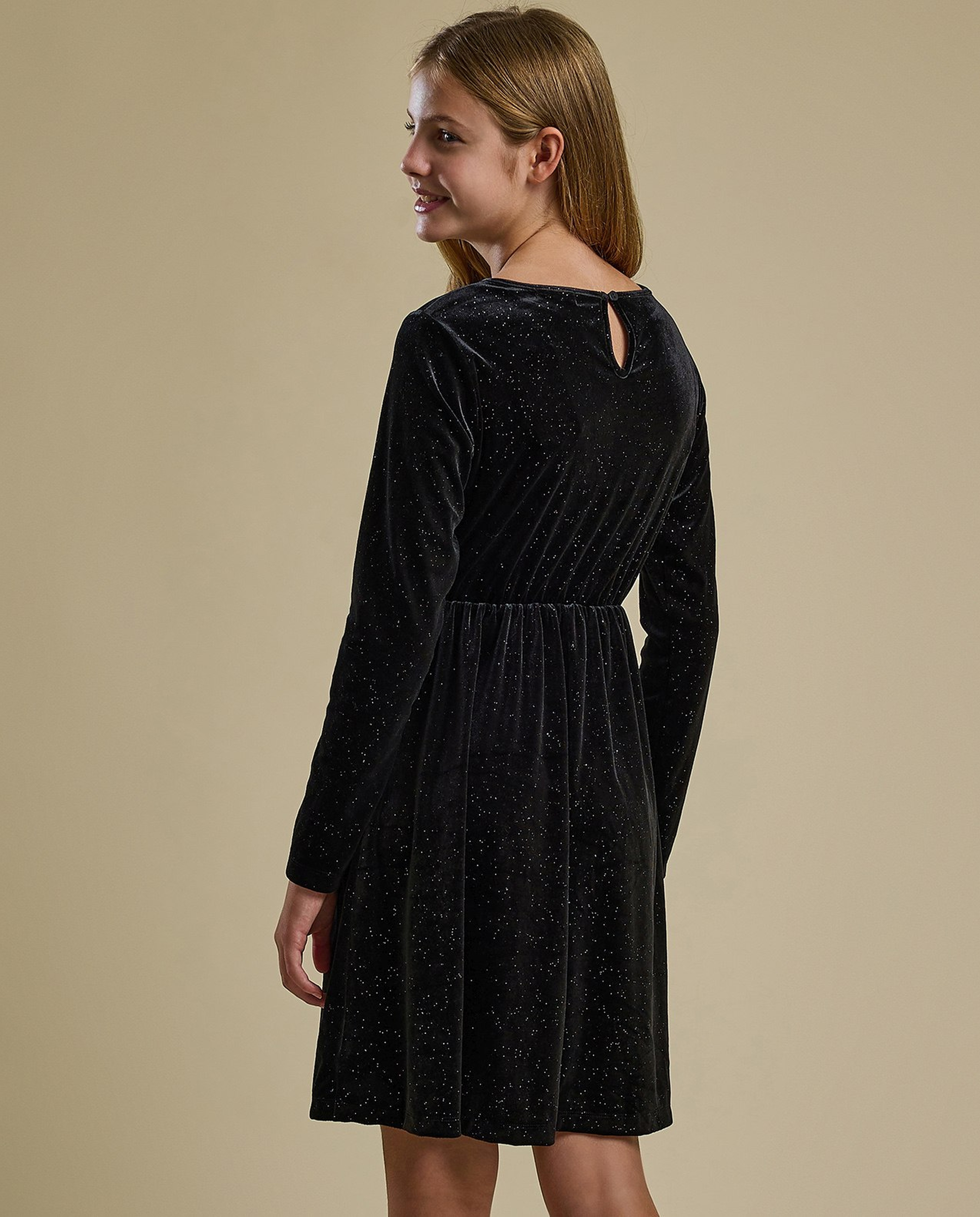 Solid Fit and Flare Dress with Crew Neck and Long Sleeves