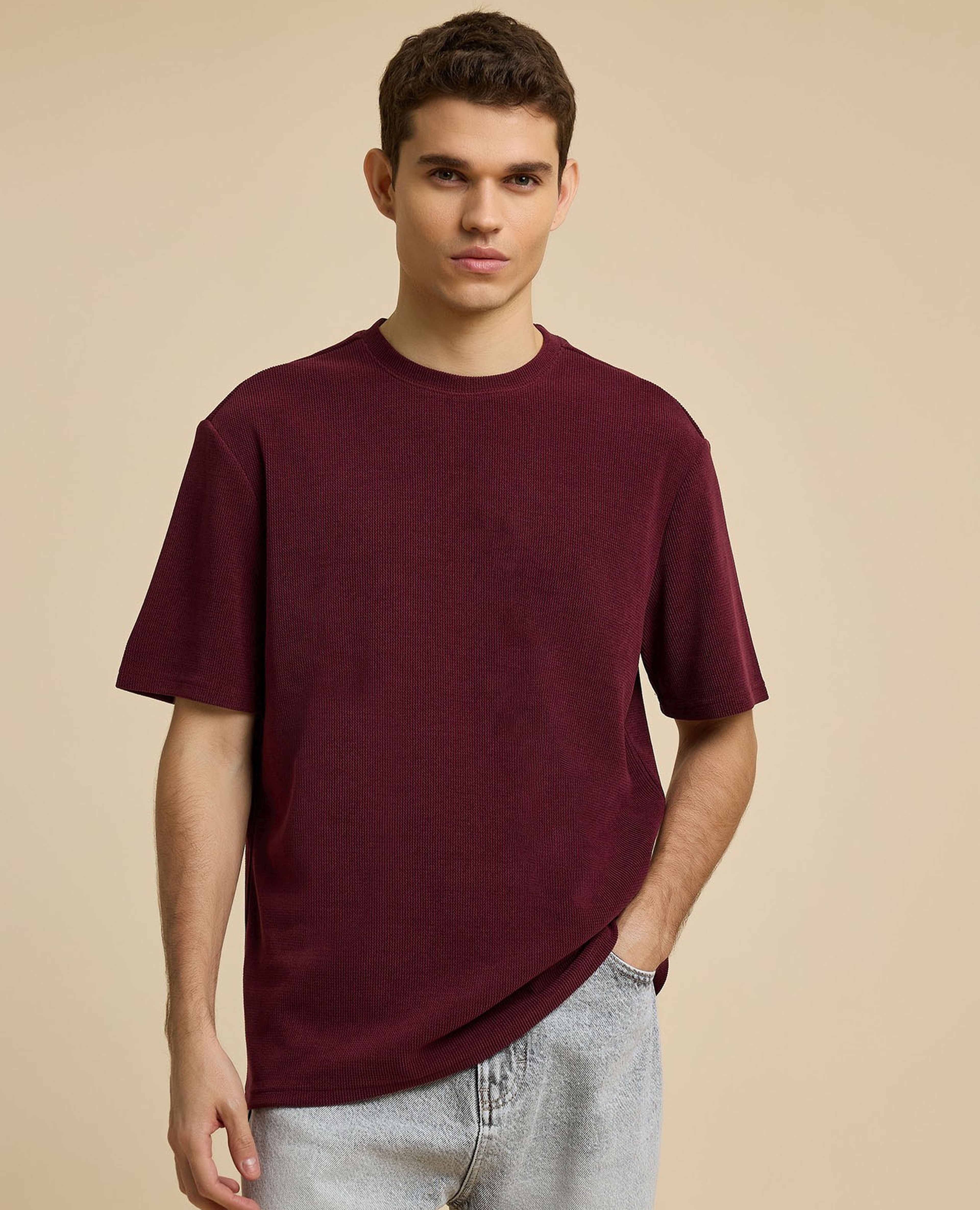 Textured T-Shirt with Crew Neck and Short Sleeves