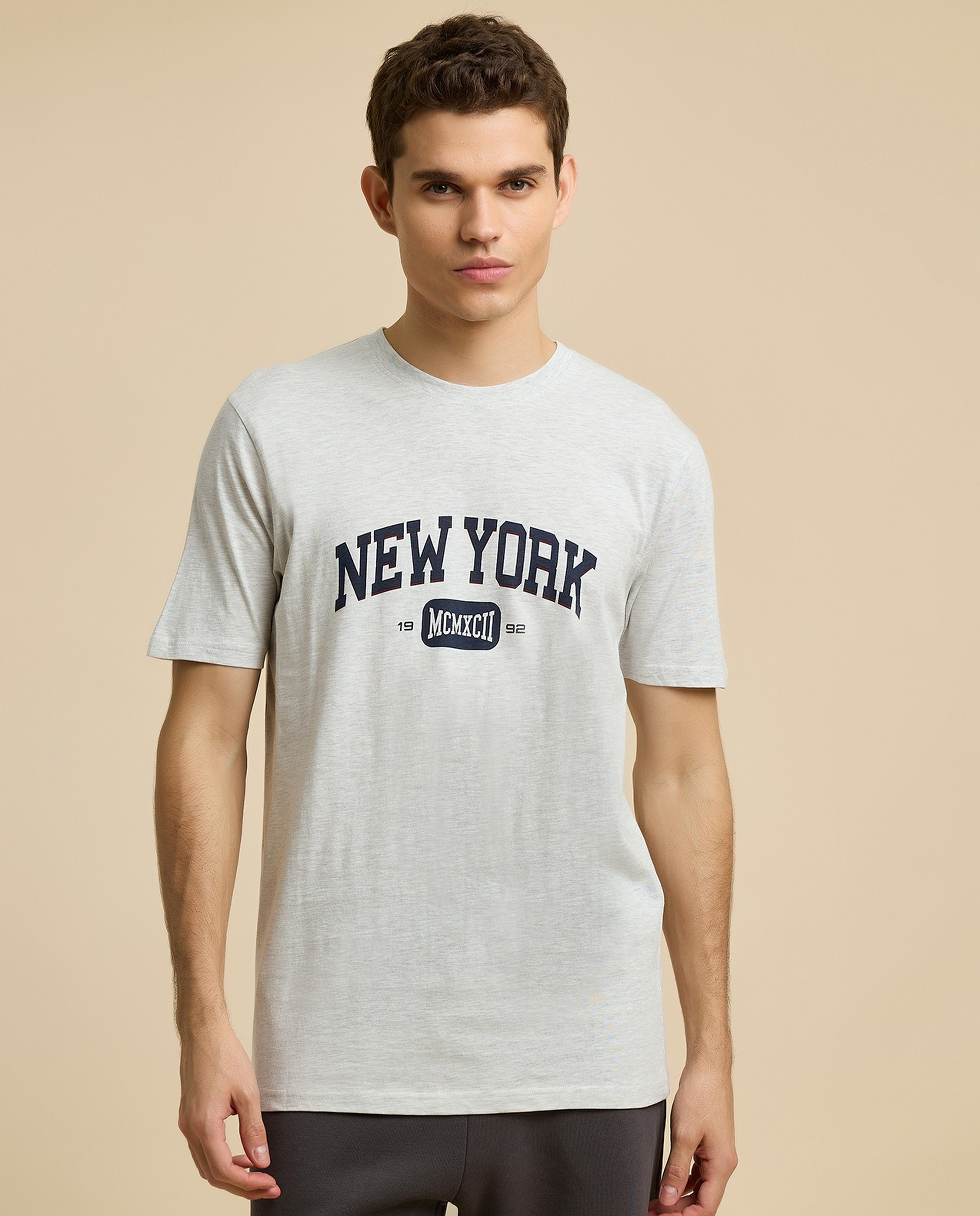 Typography Print T-Shirt with Crew Neck and Short Sleeves