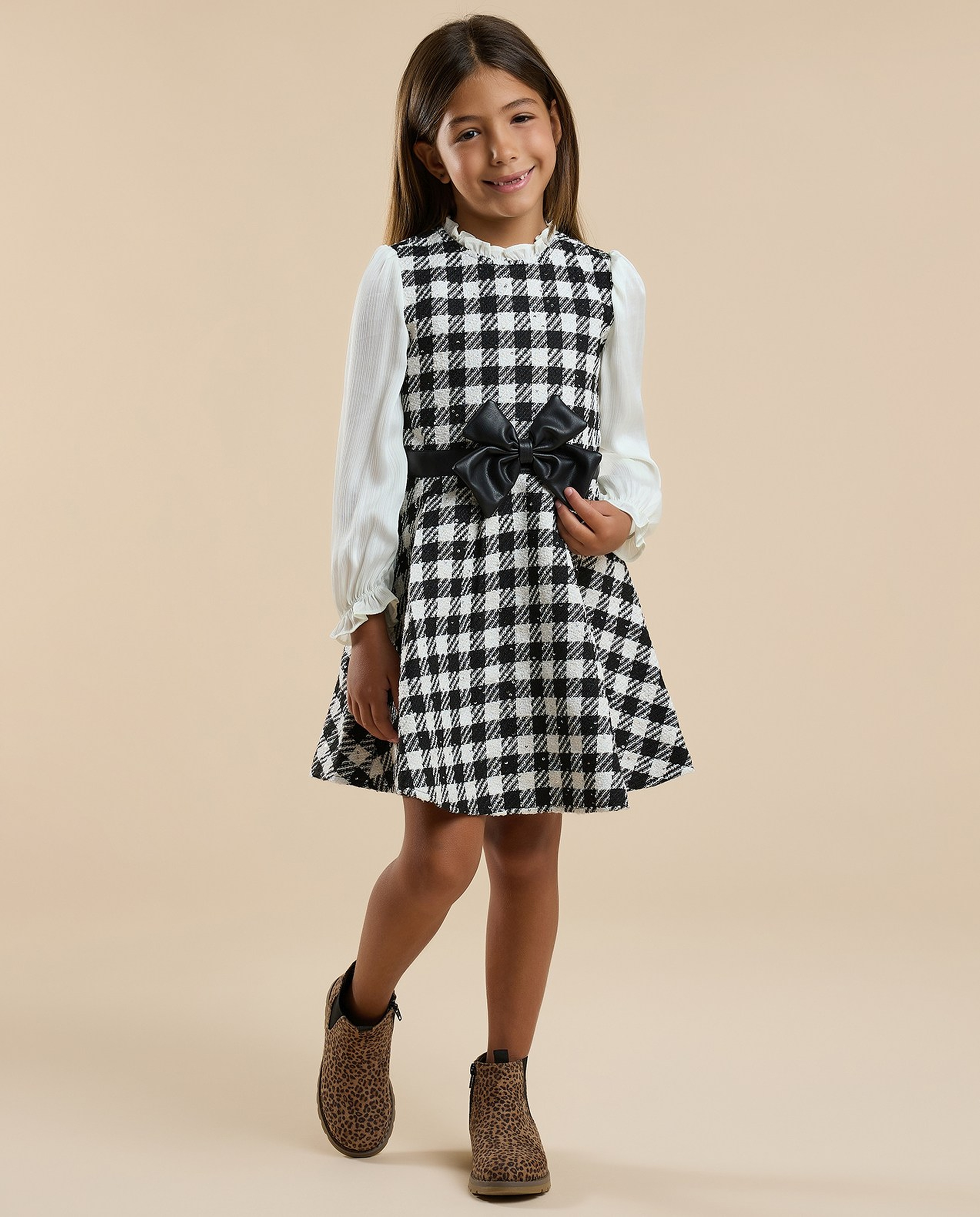 Checked Flared Dress with Baby Collar and Long Sleeves