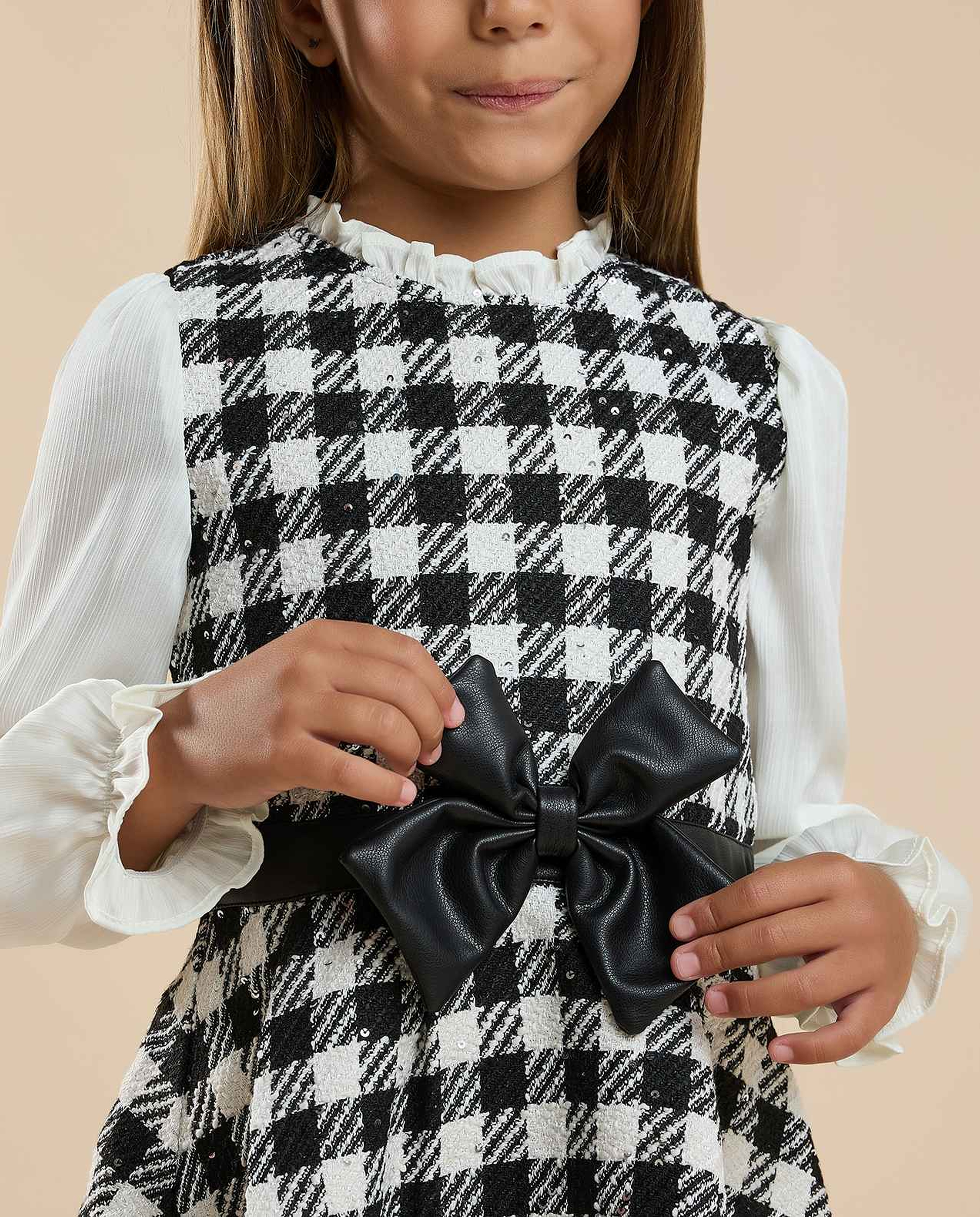 Checked Flared Dress with Baby Collar and Long Sleeves