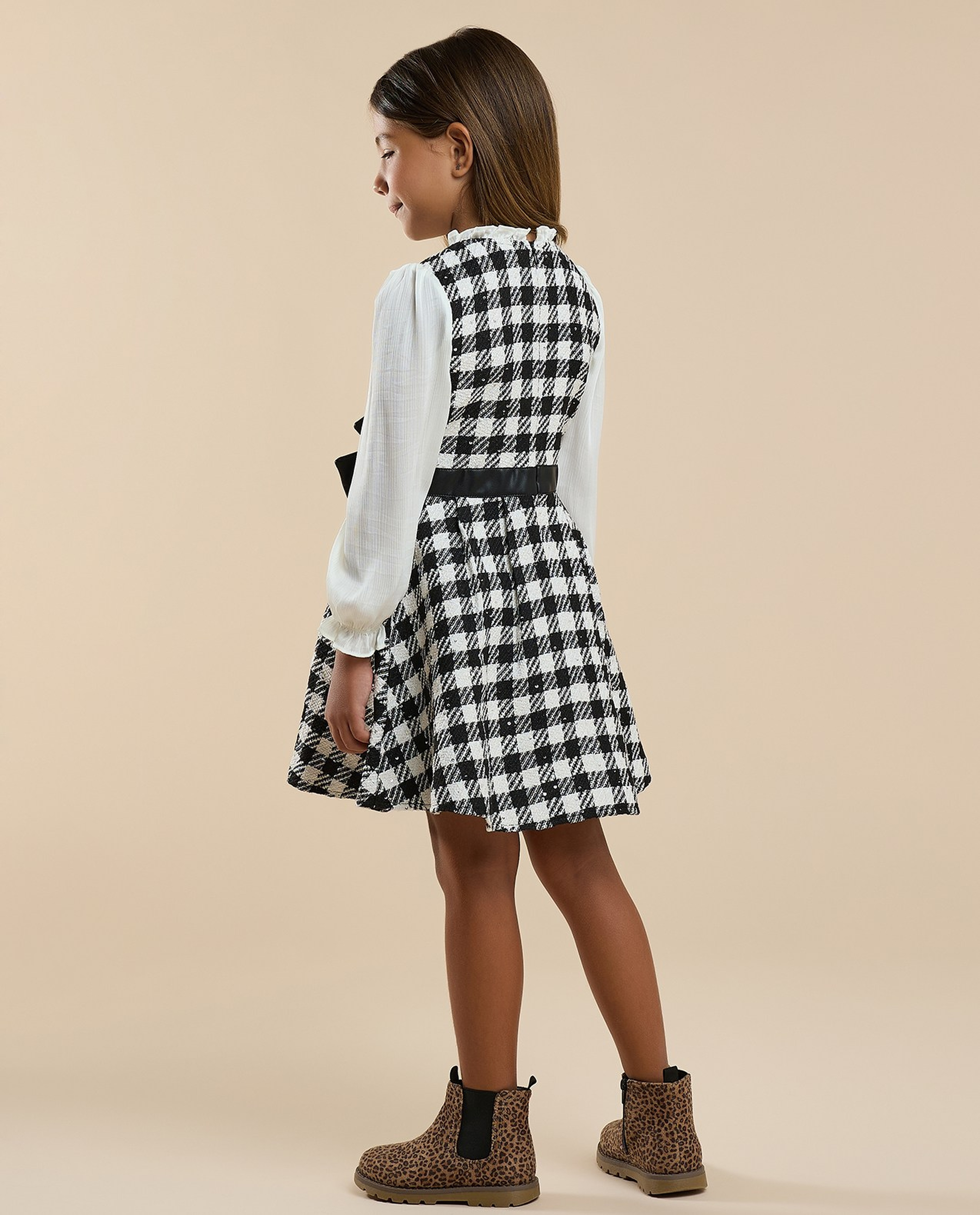 Checked Flared Dress with Baby Collar and Long Sleeves