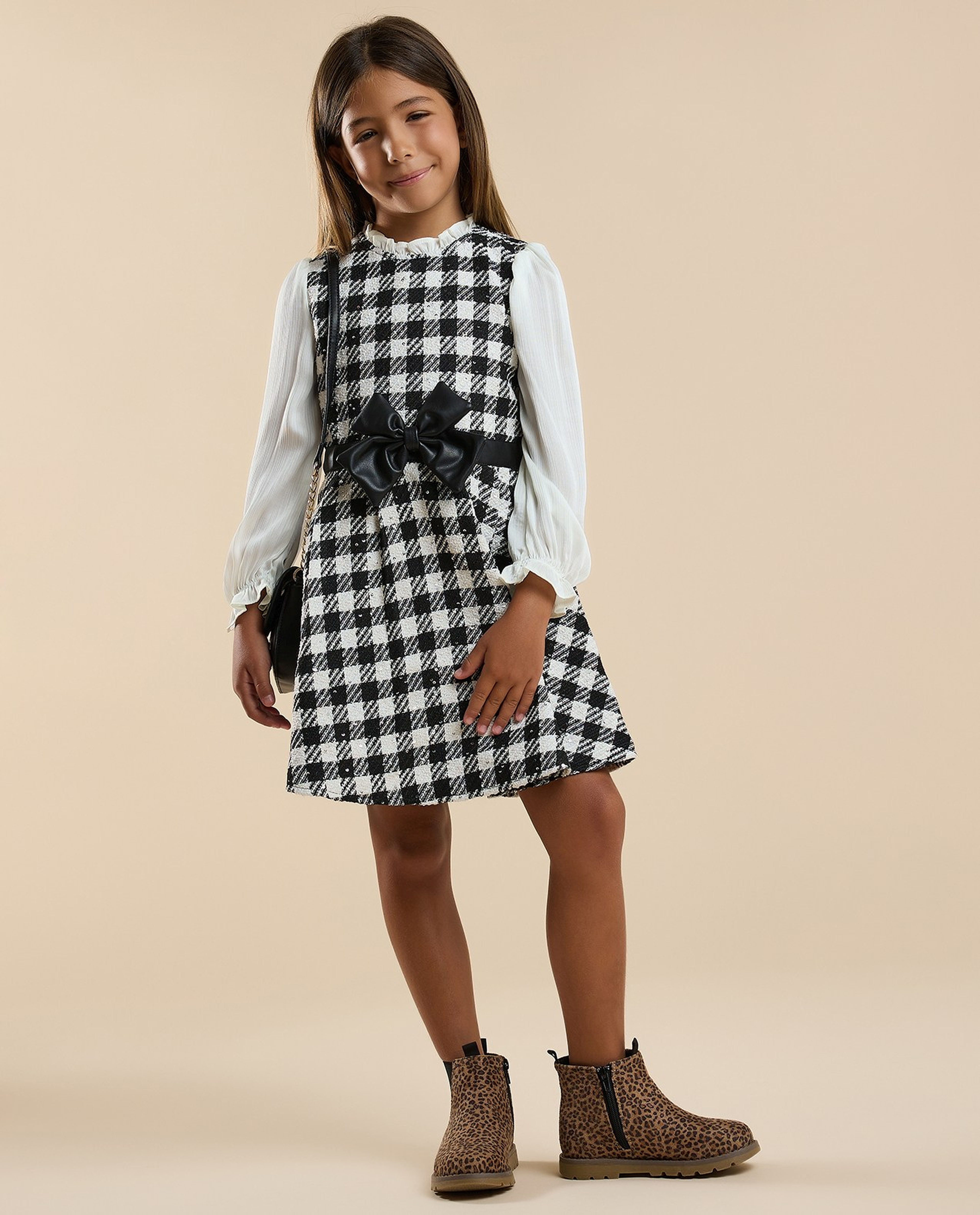 Checked Flared Dress with Baby Collar and Long Sleeves