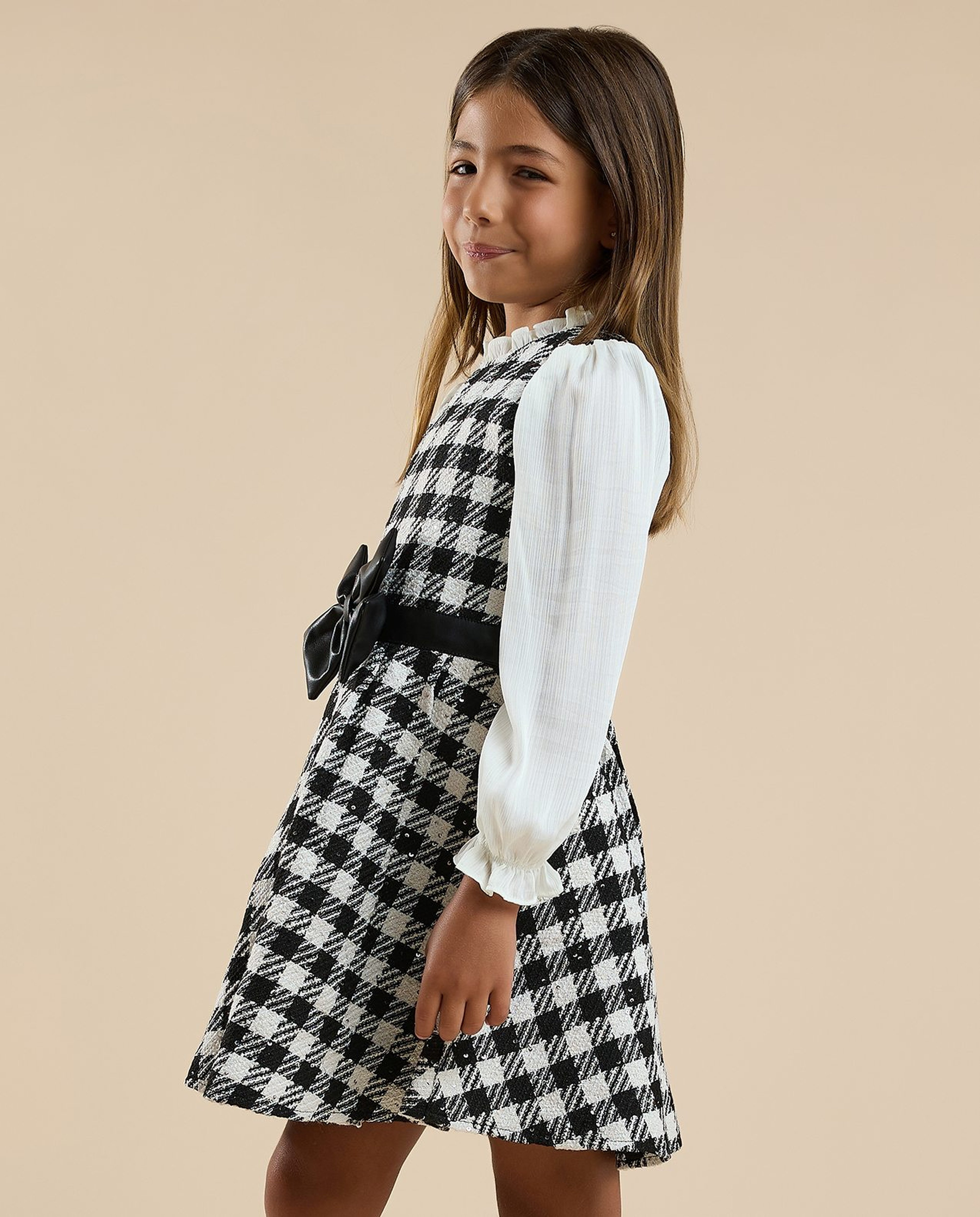 Checked Flared Dress with Baby Collar and Long Sleeves