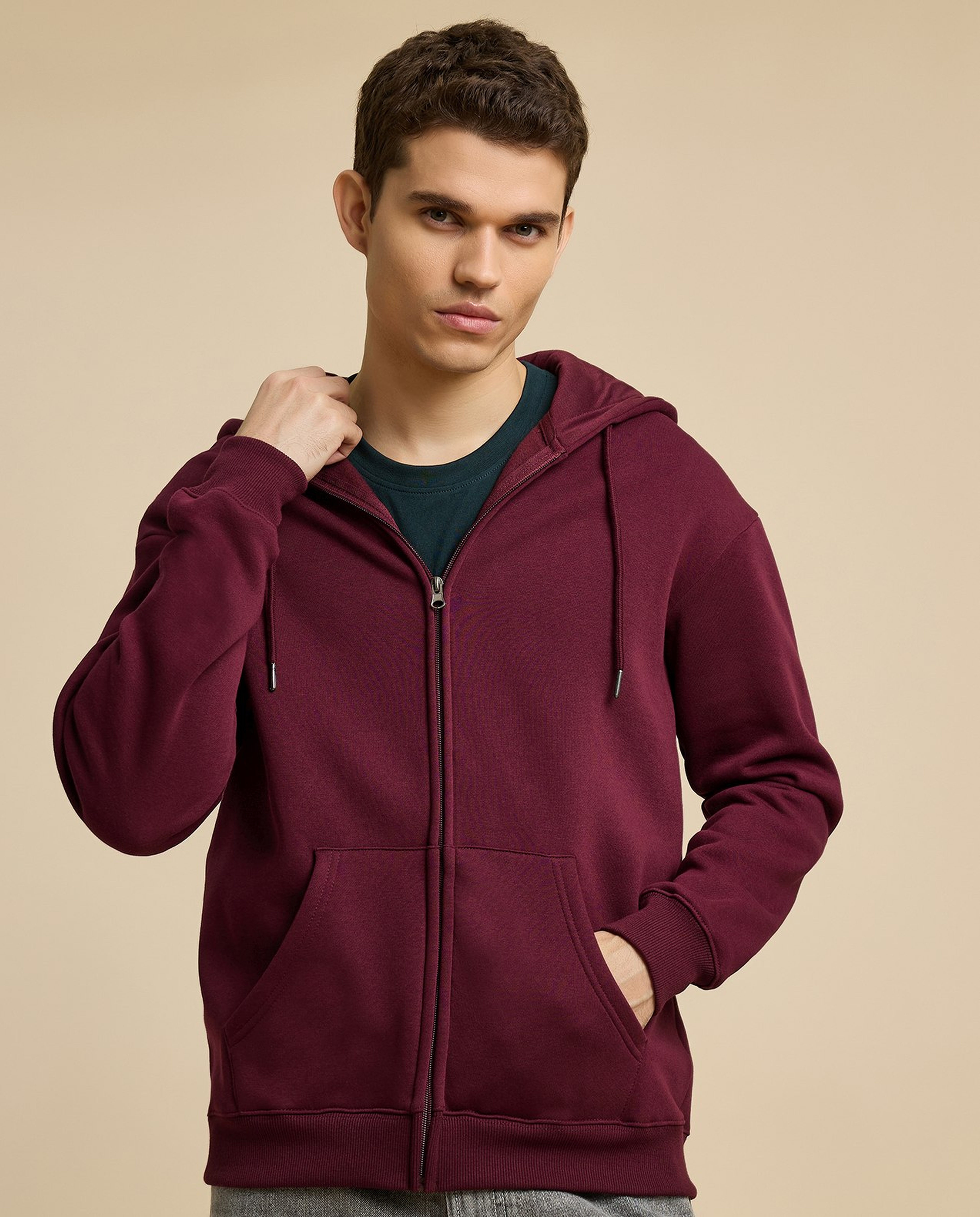 Solid Hooded Jacket with Zipper Closure