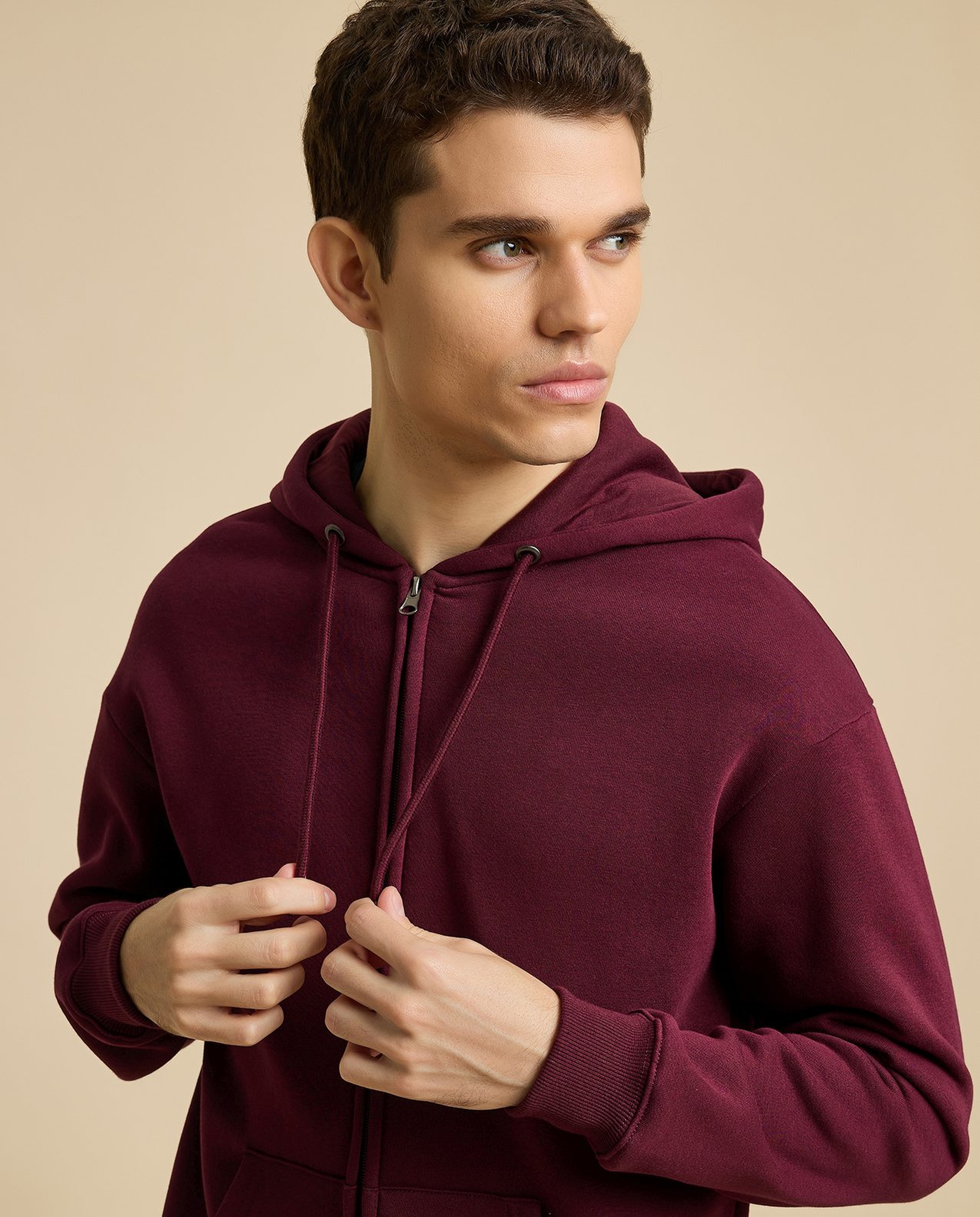 Solid Hooded Jacket with Zipper Closure
