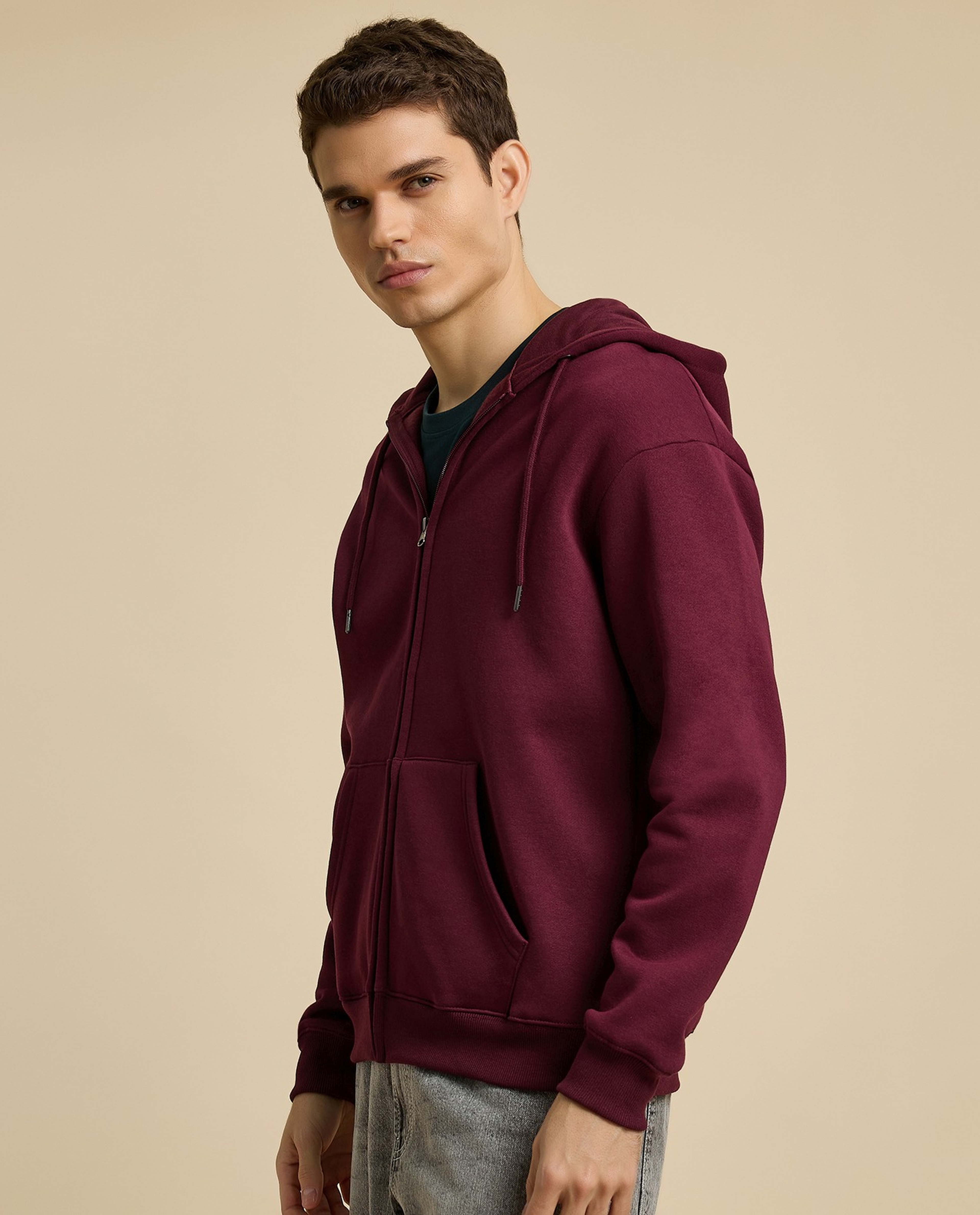 Solid Hooded Jacket with Zipper Closure