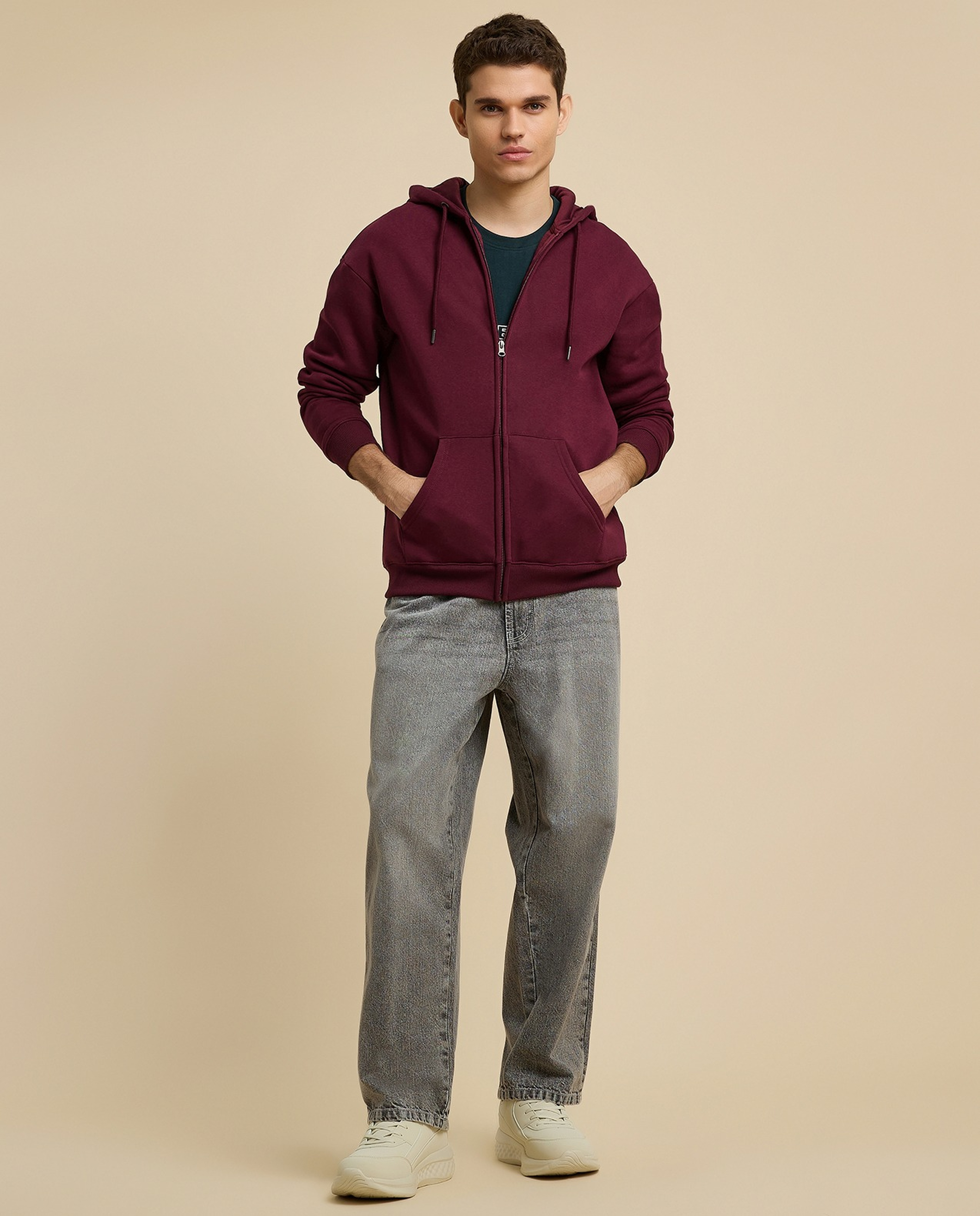 Solid Hooded Jacket with Zipper Closure