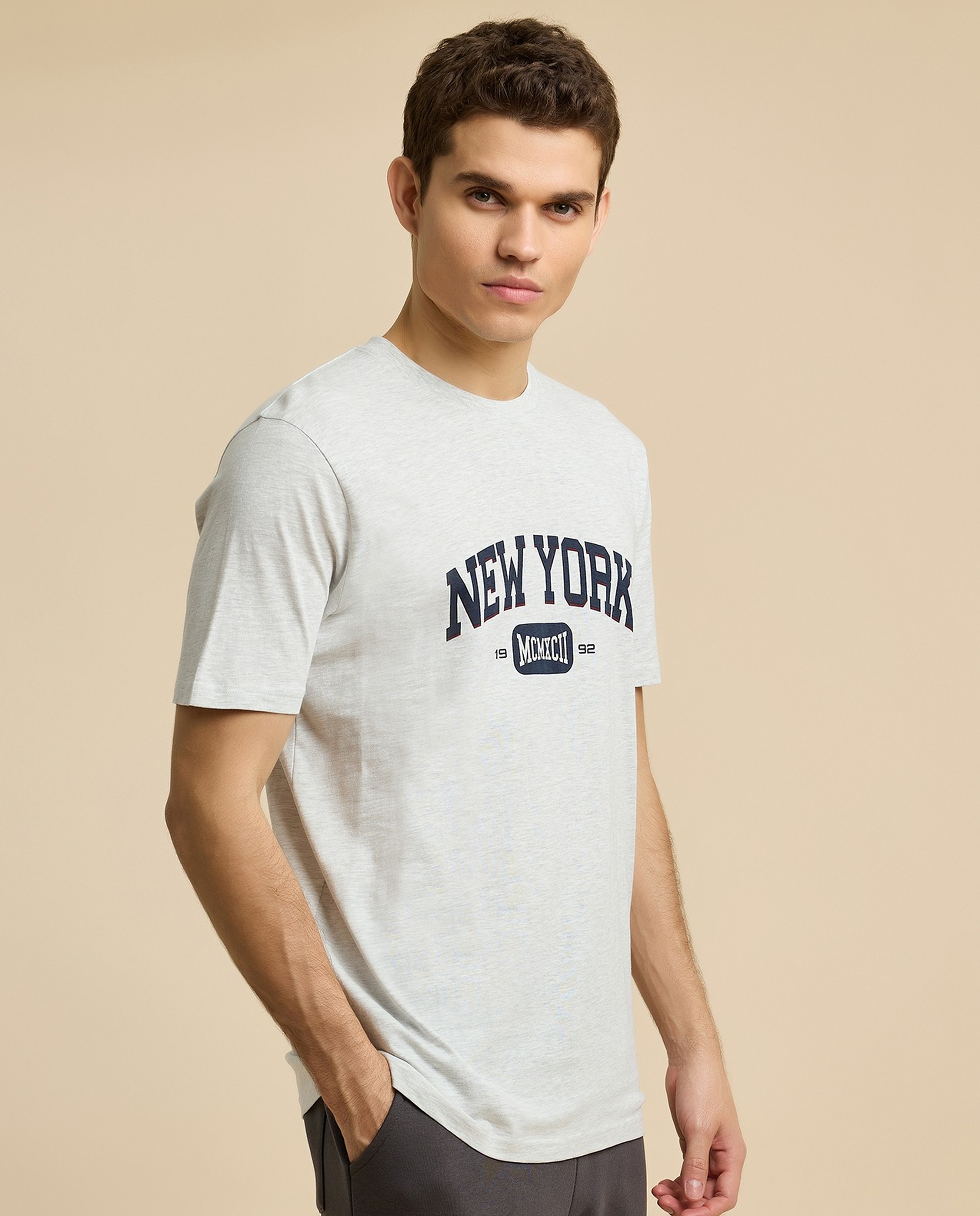 Typography Print T-Shirt with Crew Neck and Short Sleeves