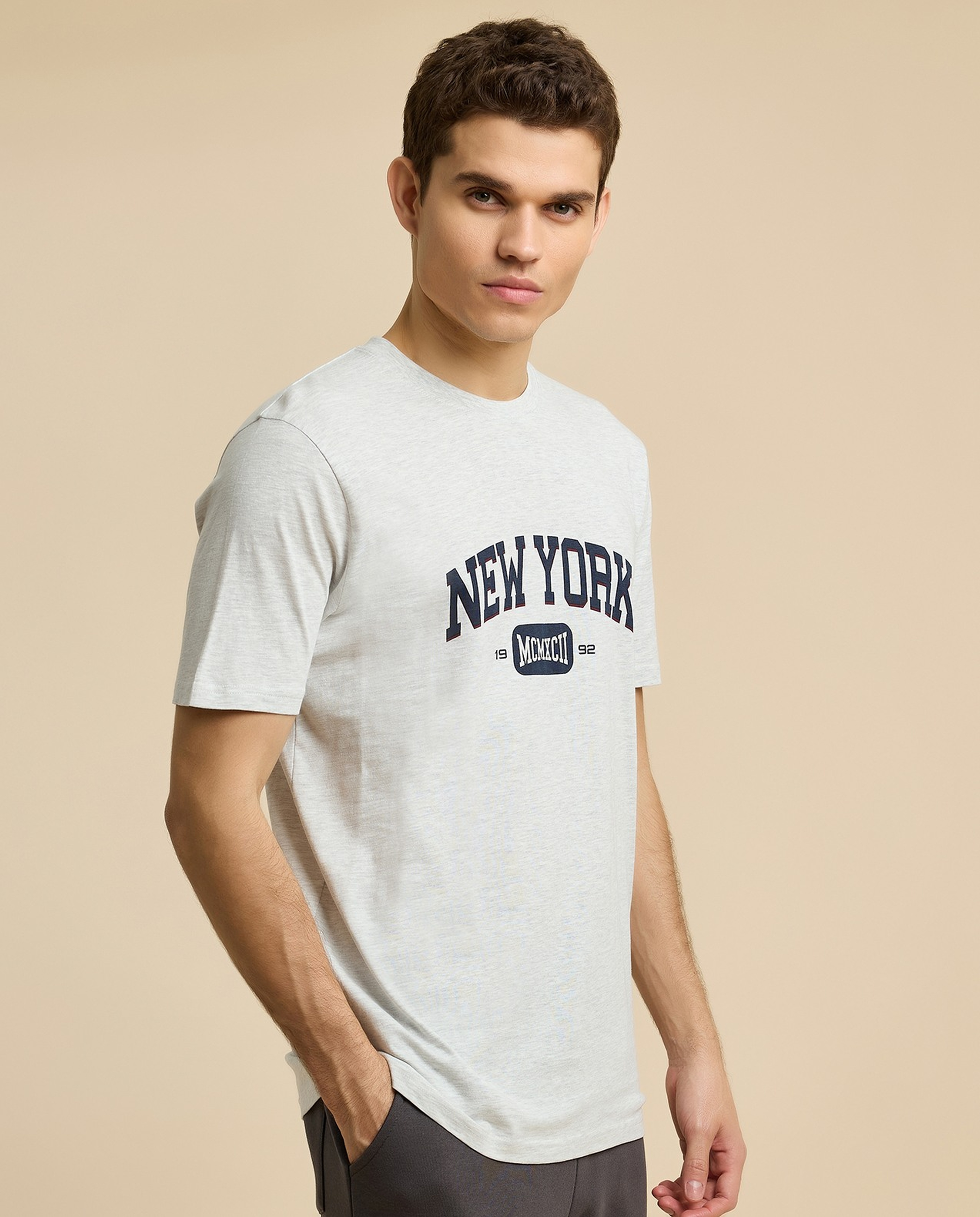 Typography Print T-Shirt with Crew Neck and Short Sleeves