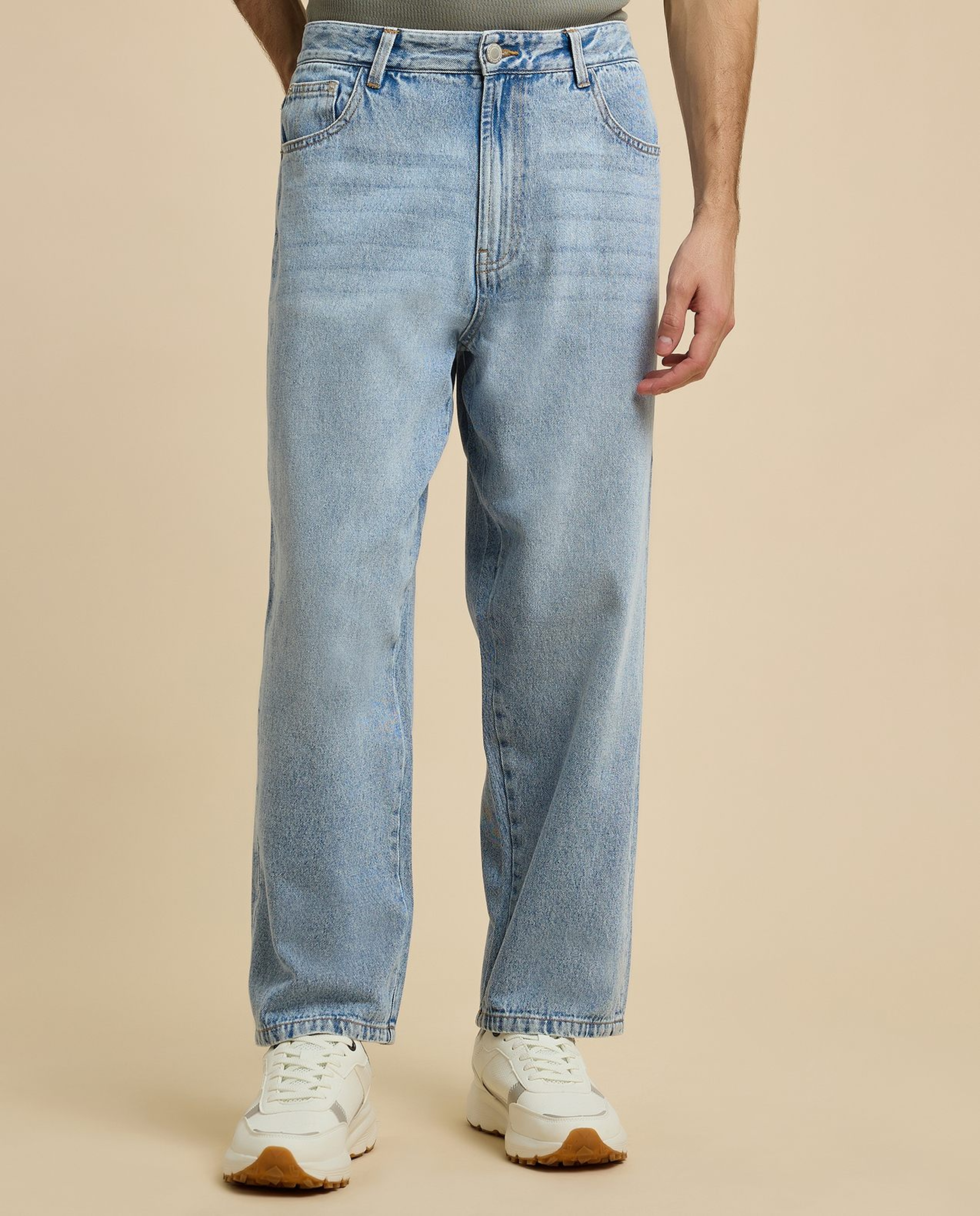 Faded Baggy Jeans with Button Closure