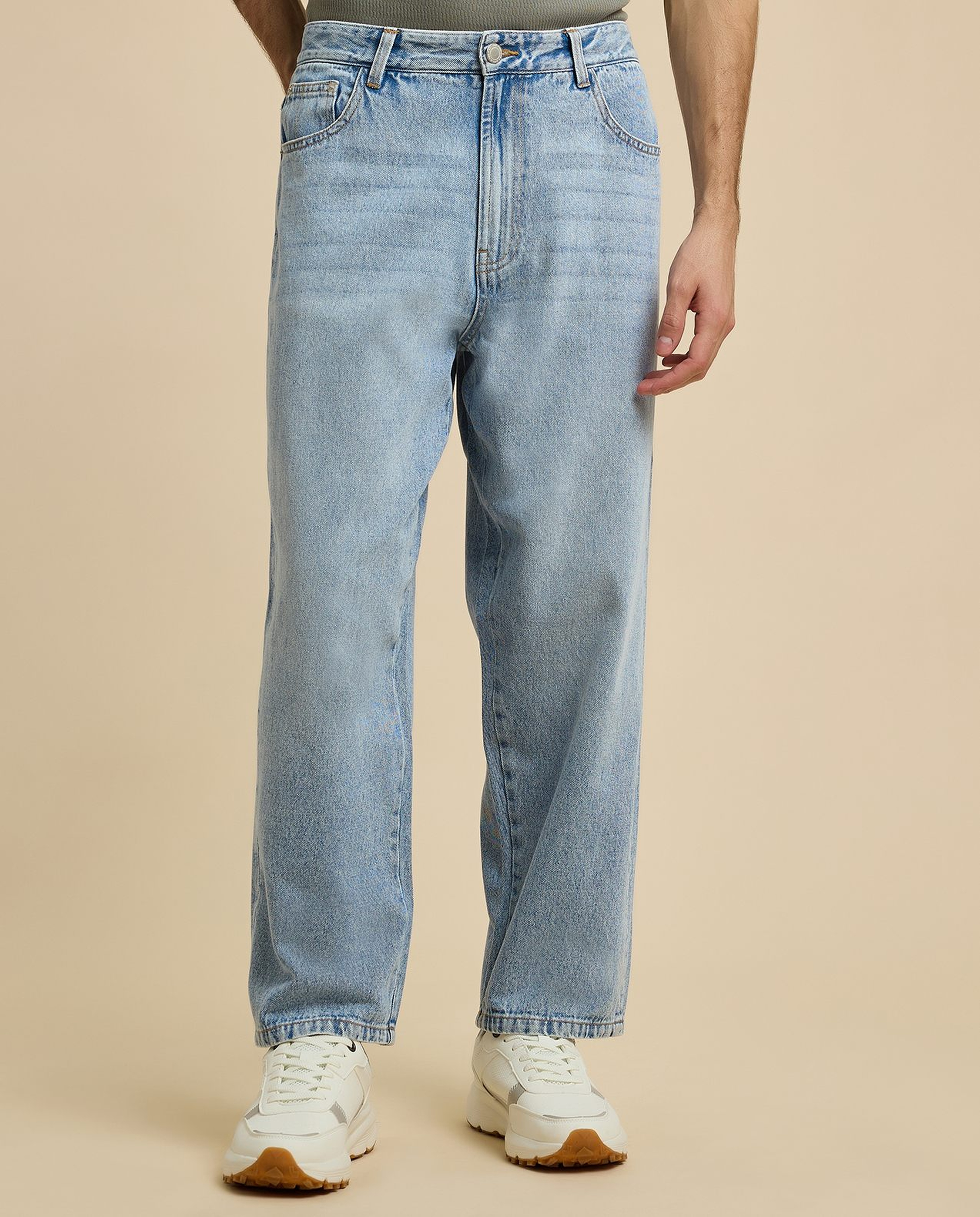 Faded Baggy Jeans with Button Closure
