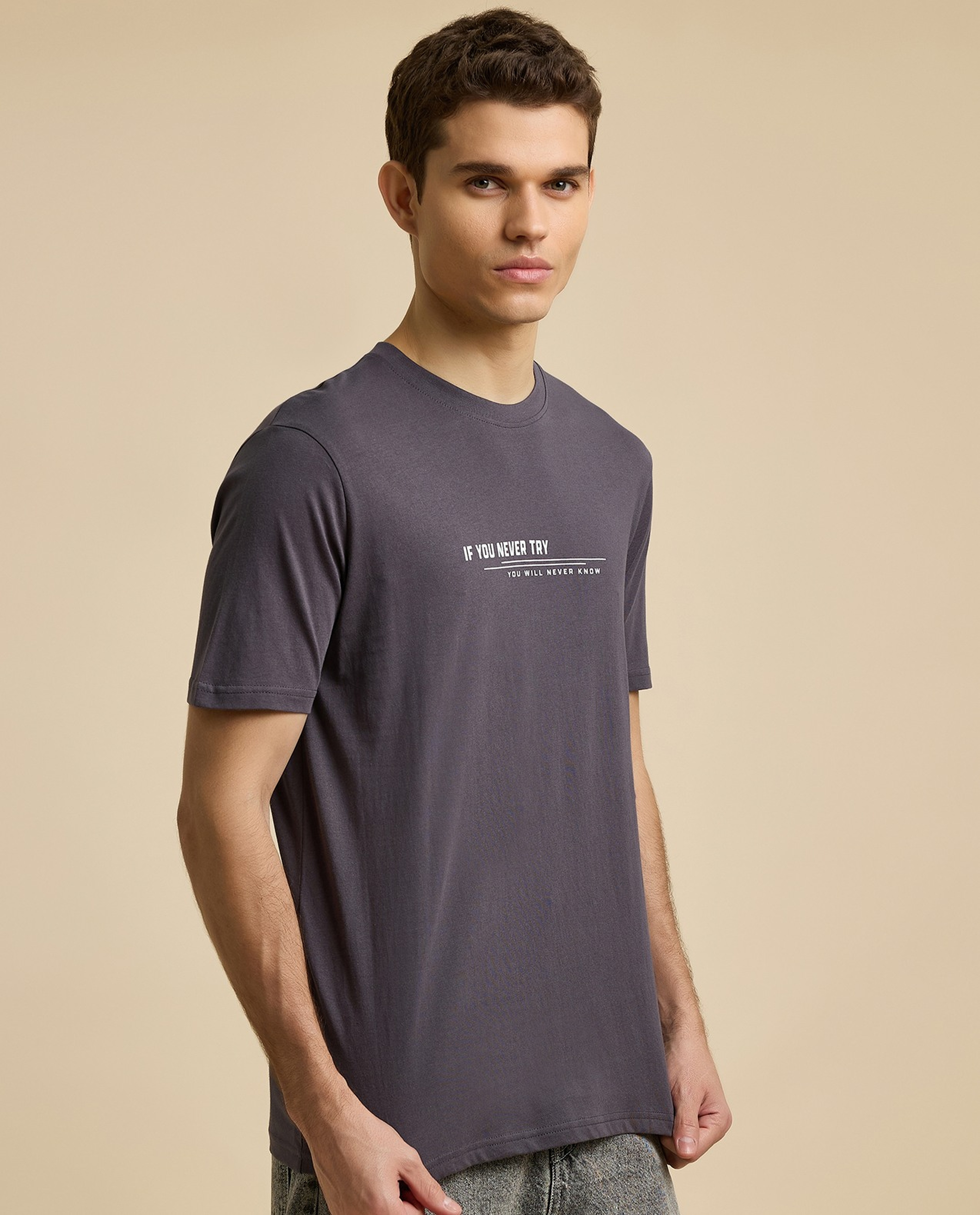 Typography Print T-Shirt with Crew Neck and Short Sleeves