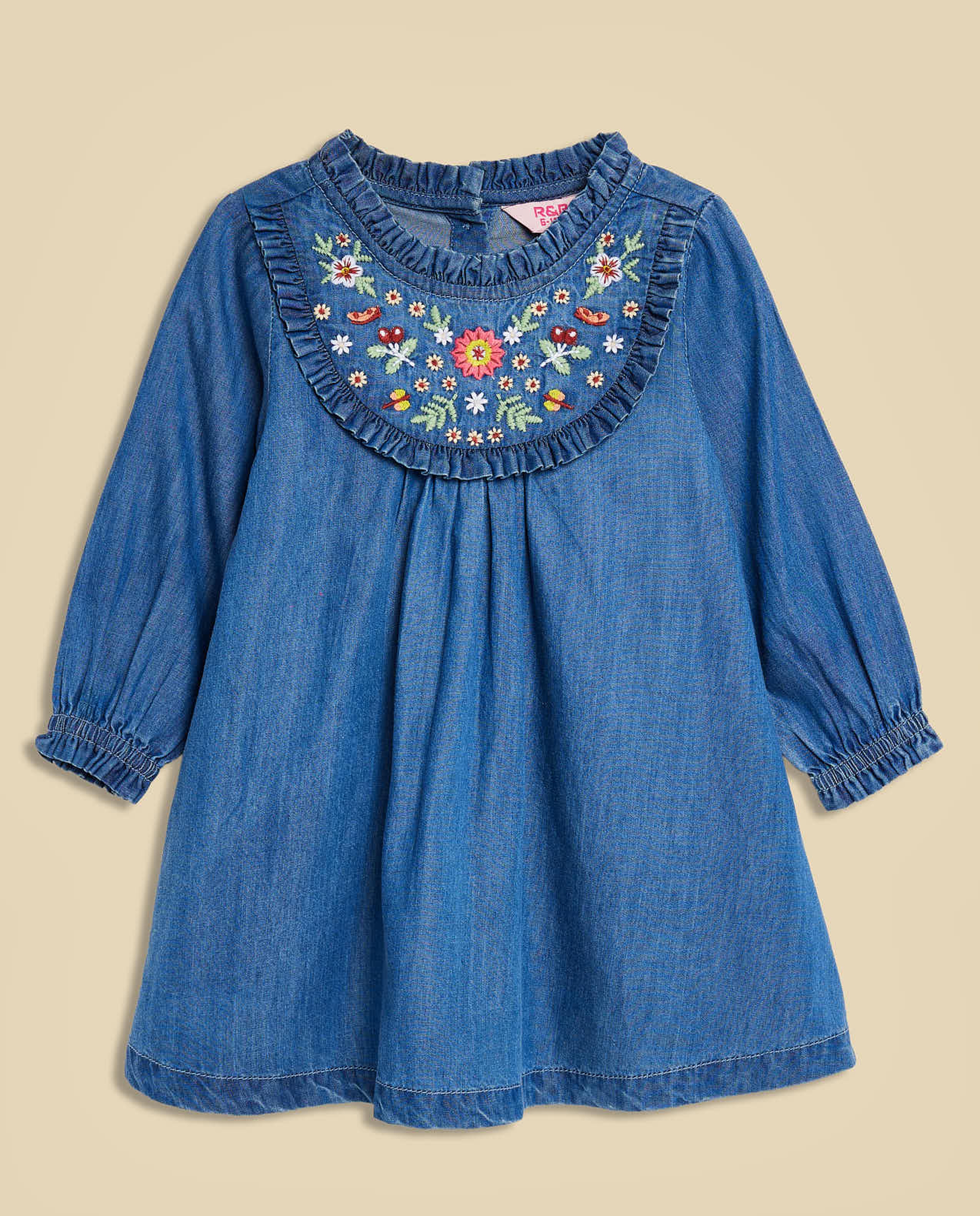 Embroidered Denim Dress with Crew Neck and Long Sleeves