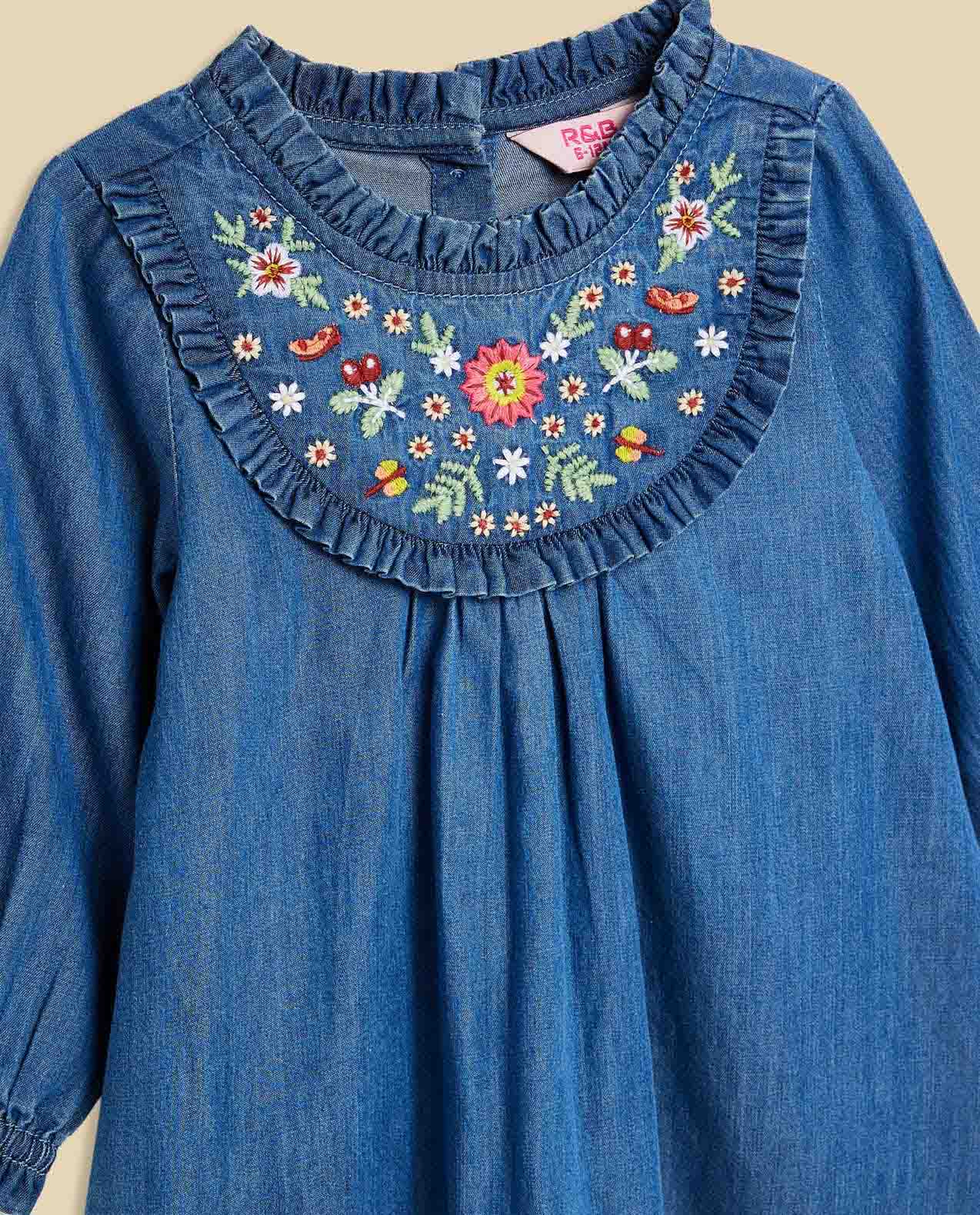 Embroidered Denim Dress with Crew Neck and Long Sleeves