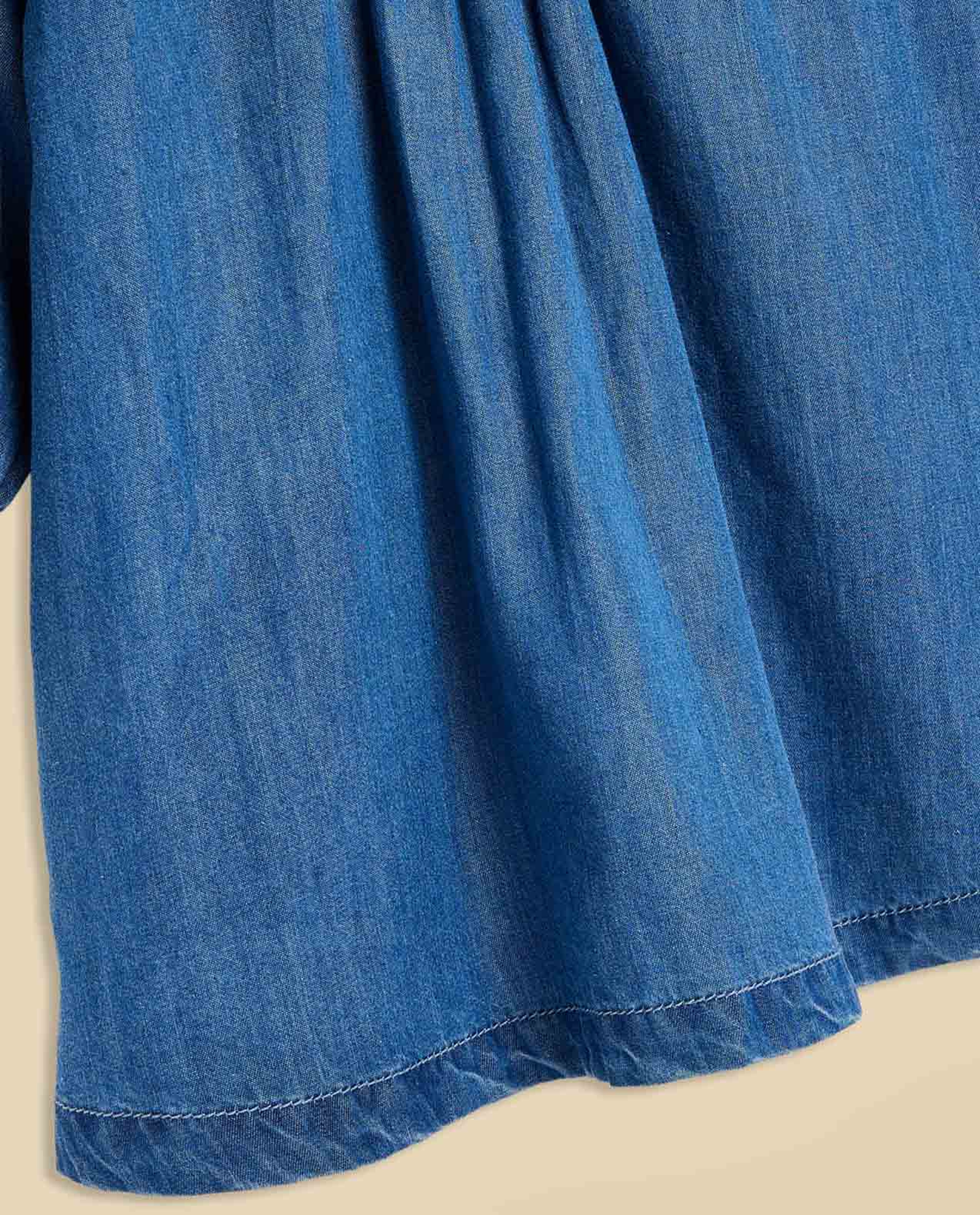 Embroidered Denim Dress with Crew Neck and Long Sleeves