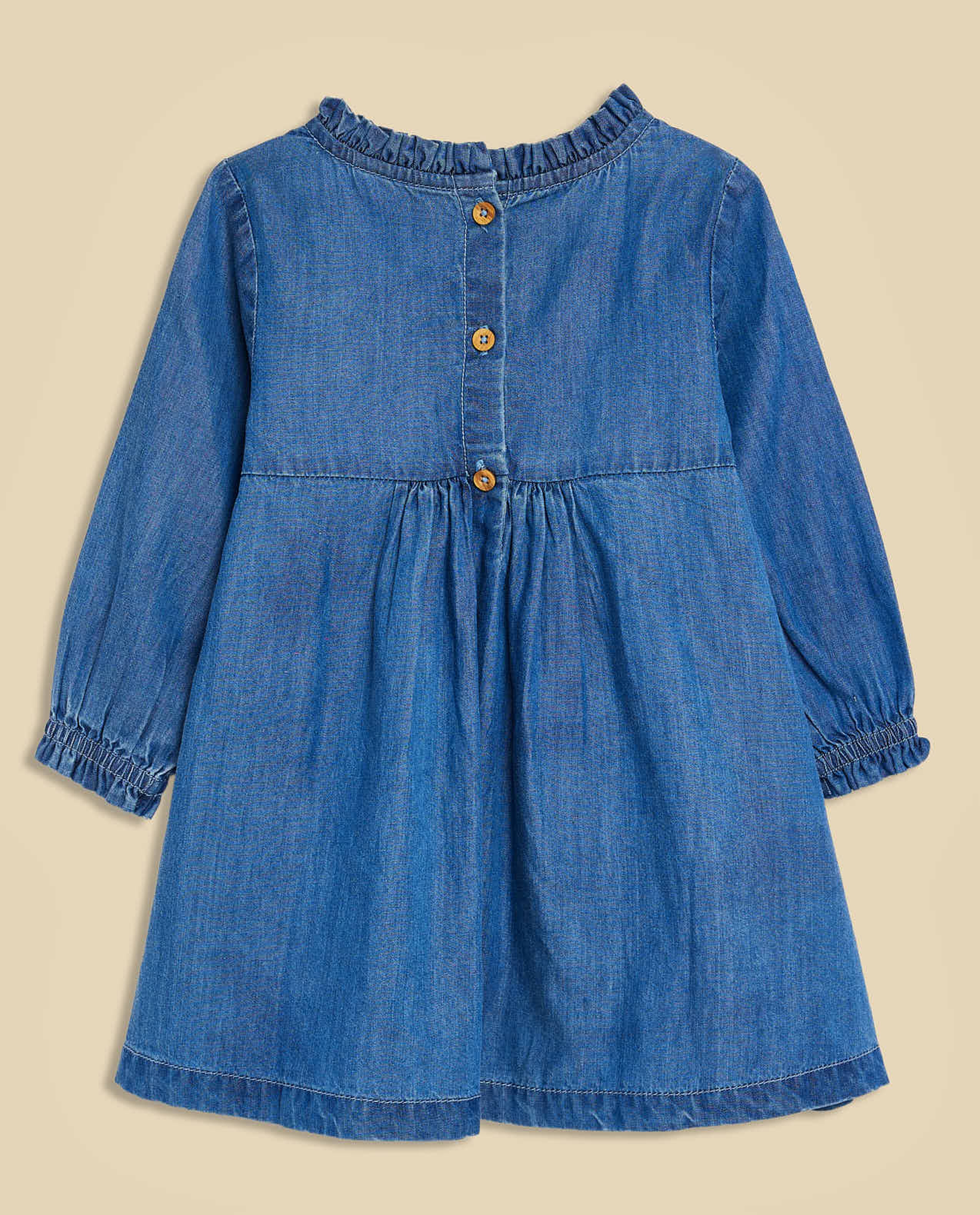 Embroidered Denim Dress with Crew Neck and Long Sleeves