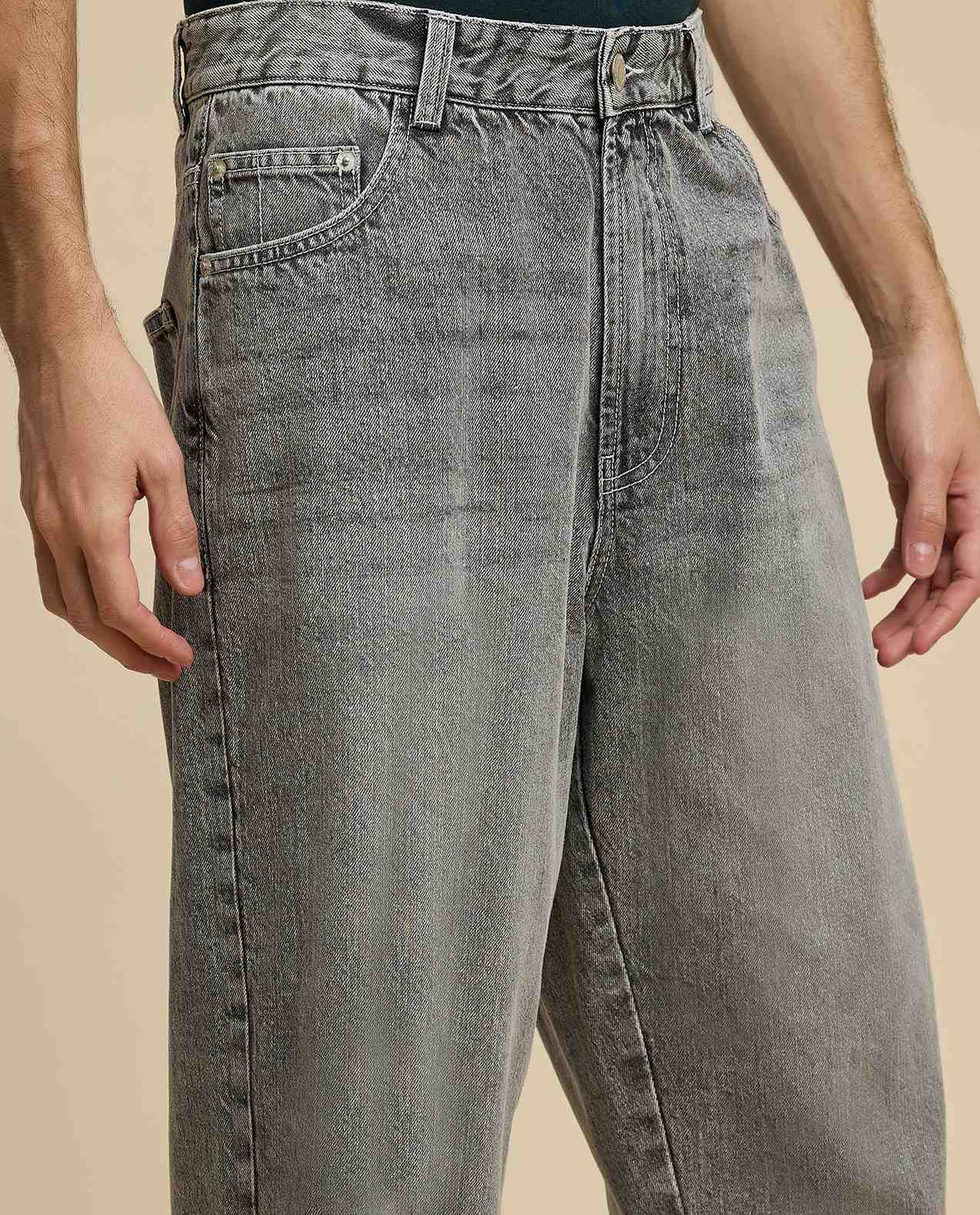 Faded Baggy Jeans with Button Closure