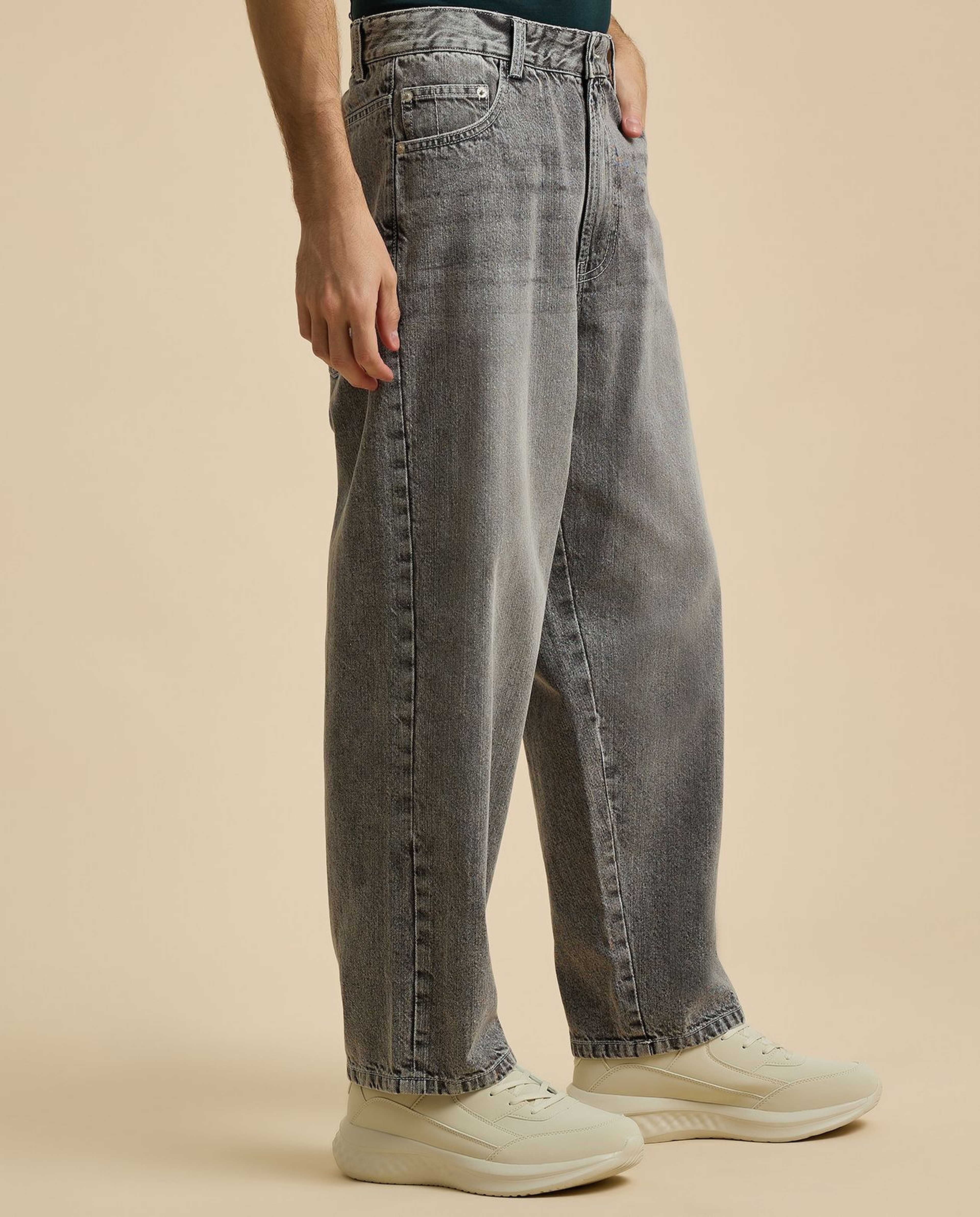Faded Baggy Jeans with Button Closure