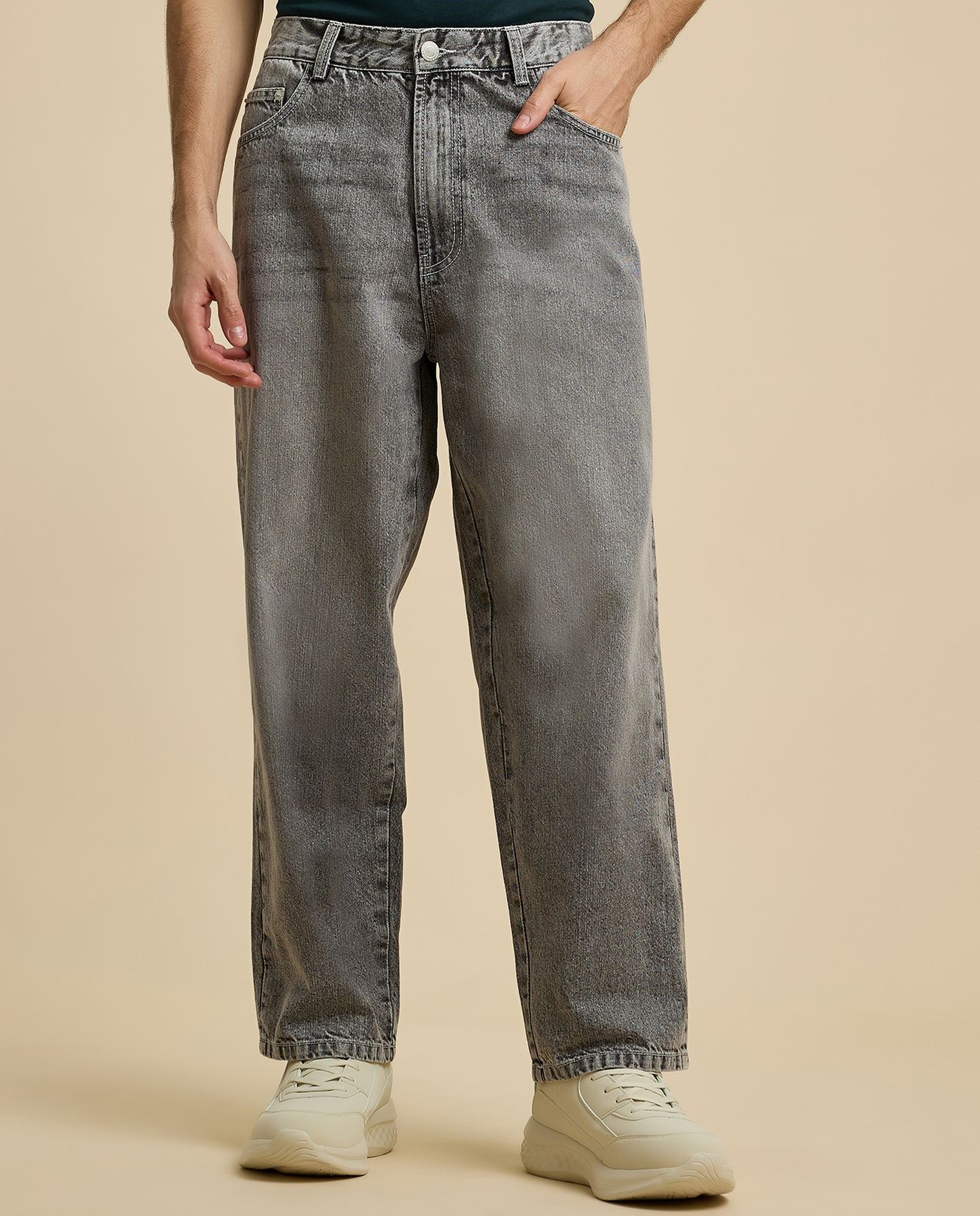 Faded Baggy Jeans with Button Closure