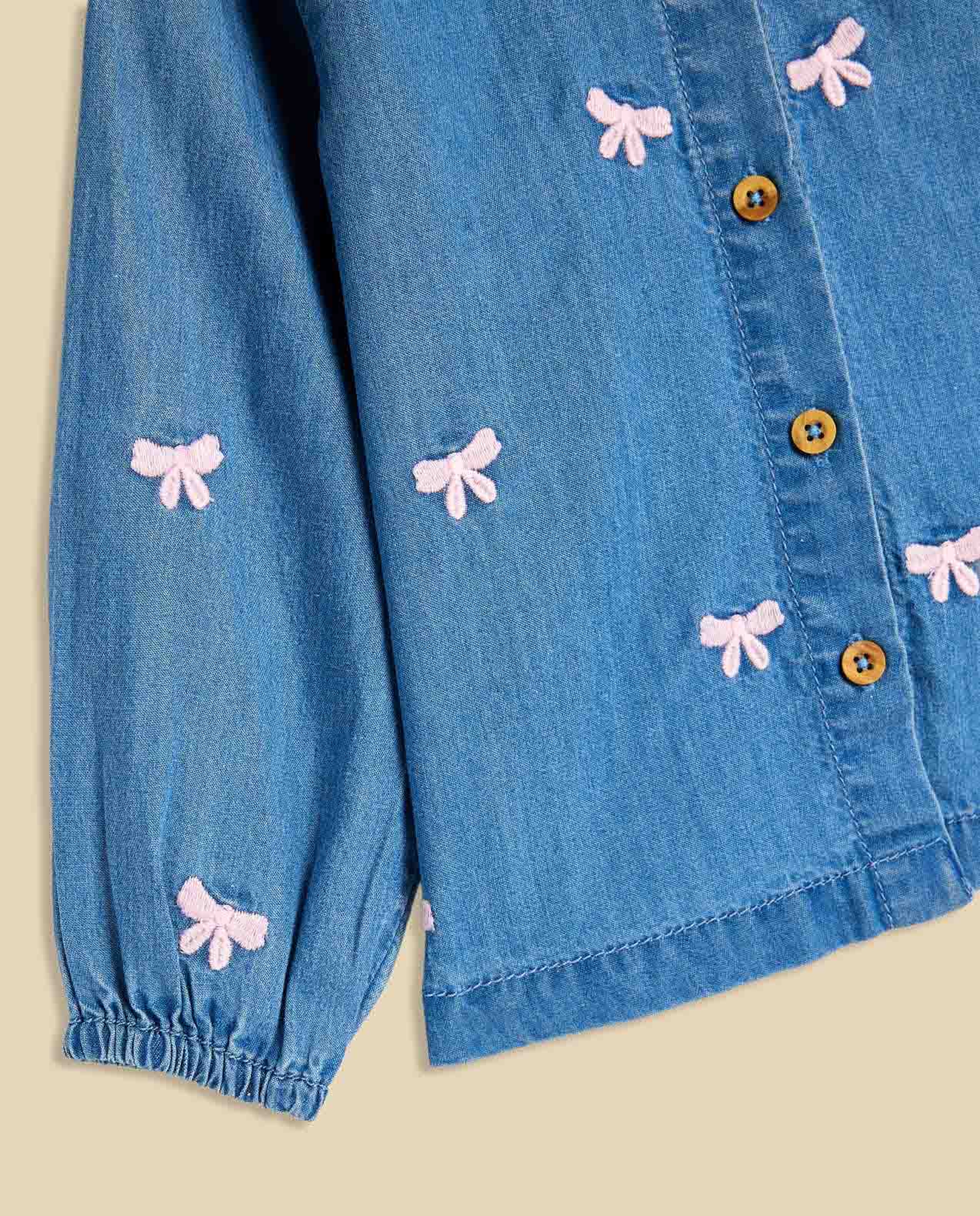 Embroidered Denim Shirt with Baby Collar and Long Sleeves
