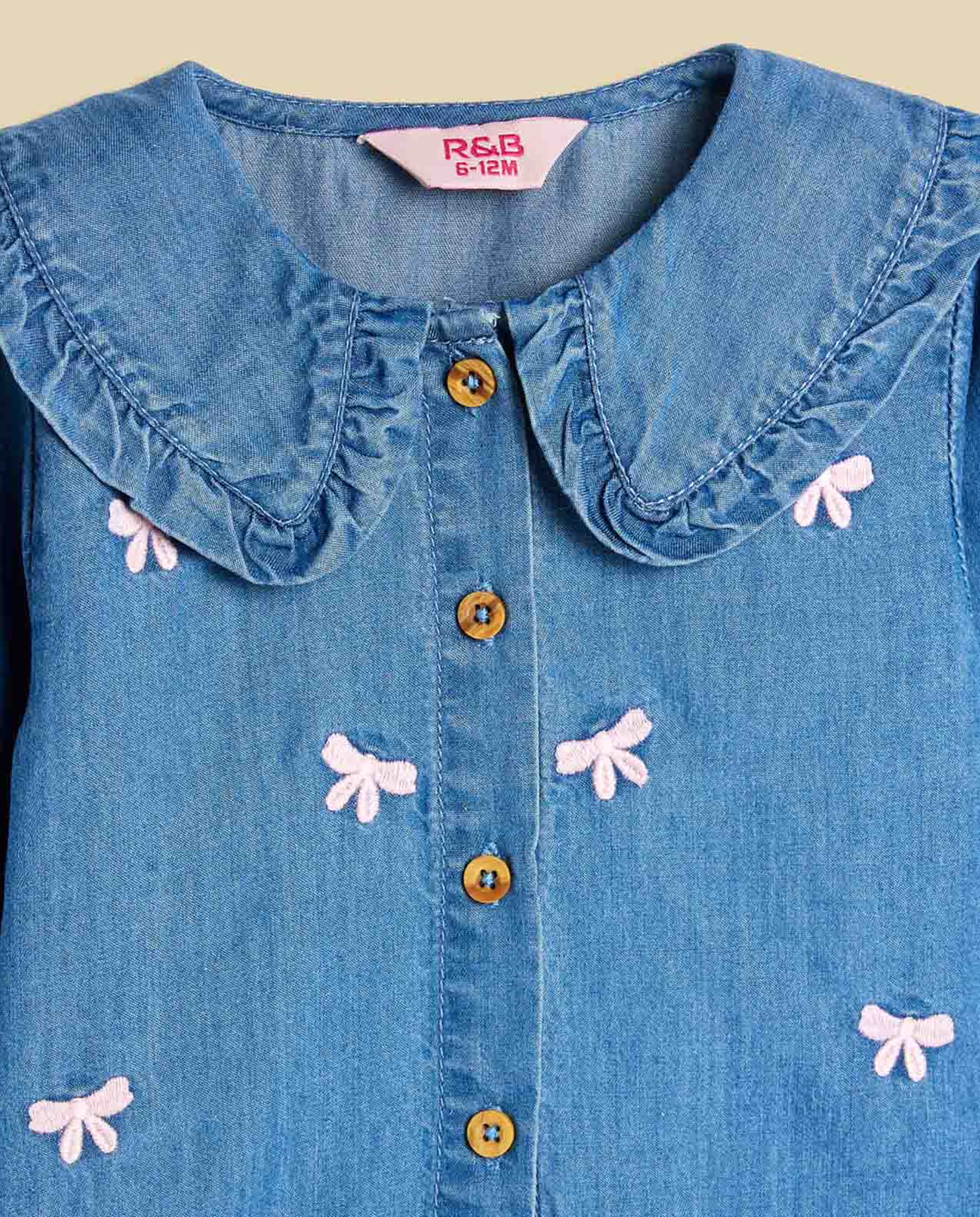 Embroidered Denim Shirt with Baby Collar and Long Sleeves