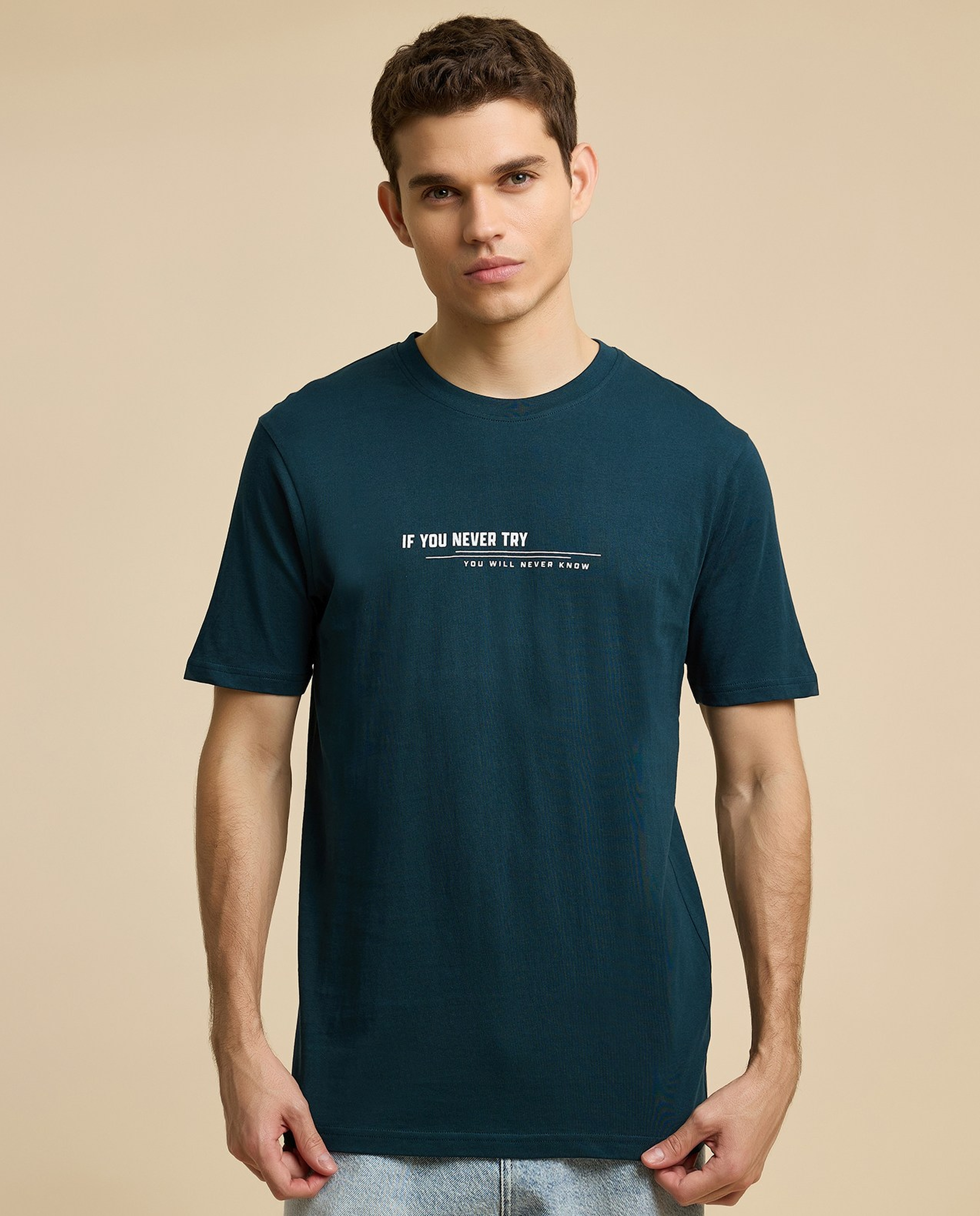 Typography Print T-Shirt with Crew Neck and Short Sleeves