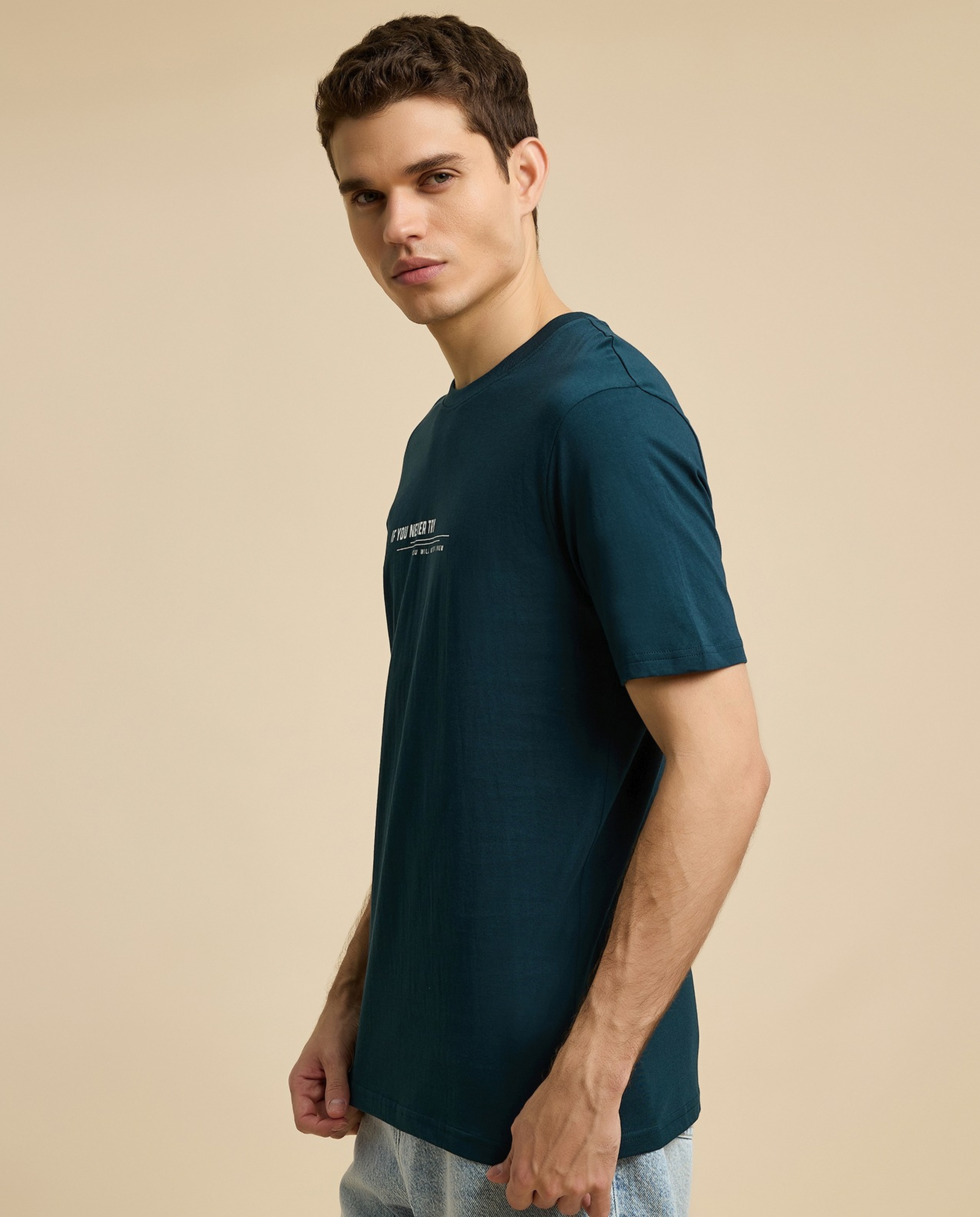 Typography Print T-Shirt with Crew Neck and Short Sleeves