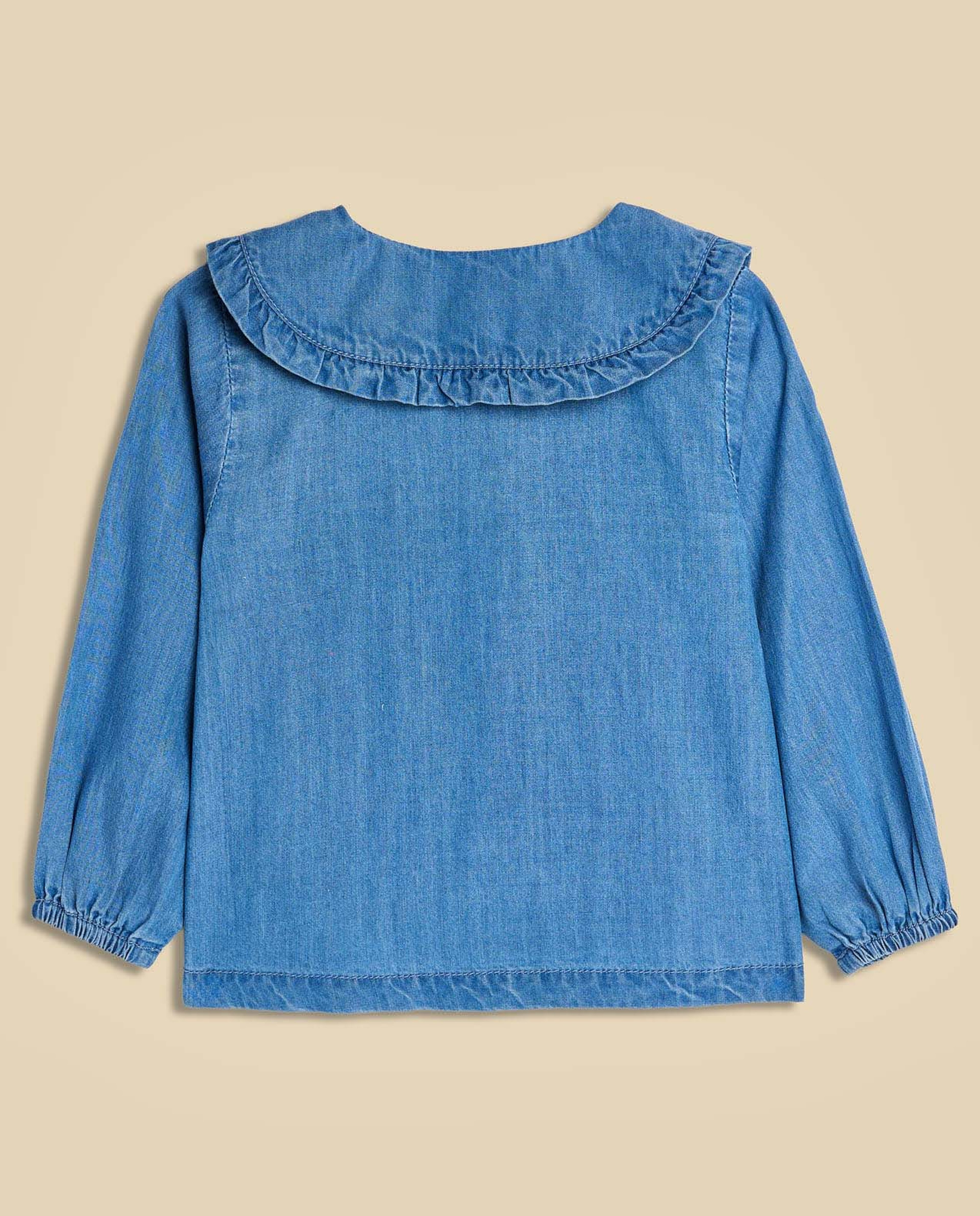 Embroidered Denim Shirt with Baby Collar and Long Sleeves