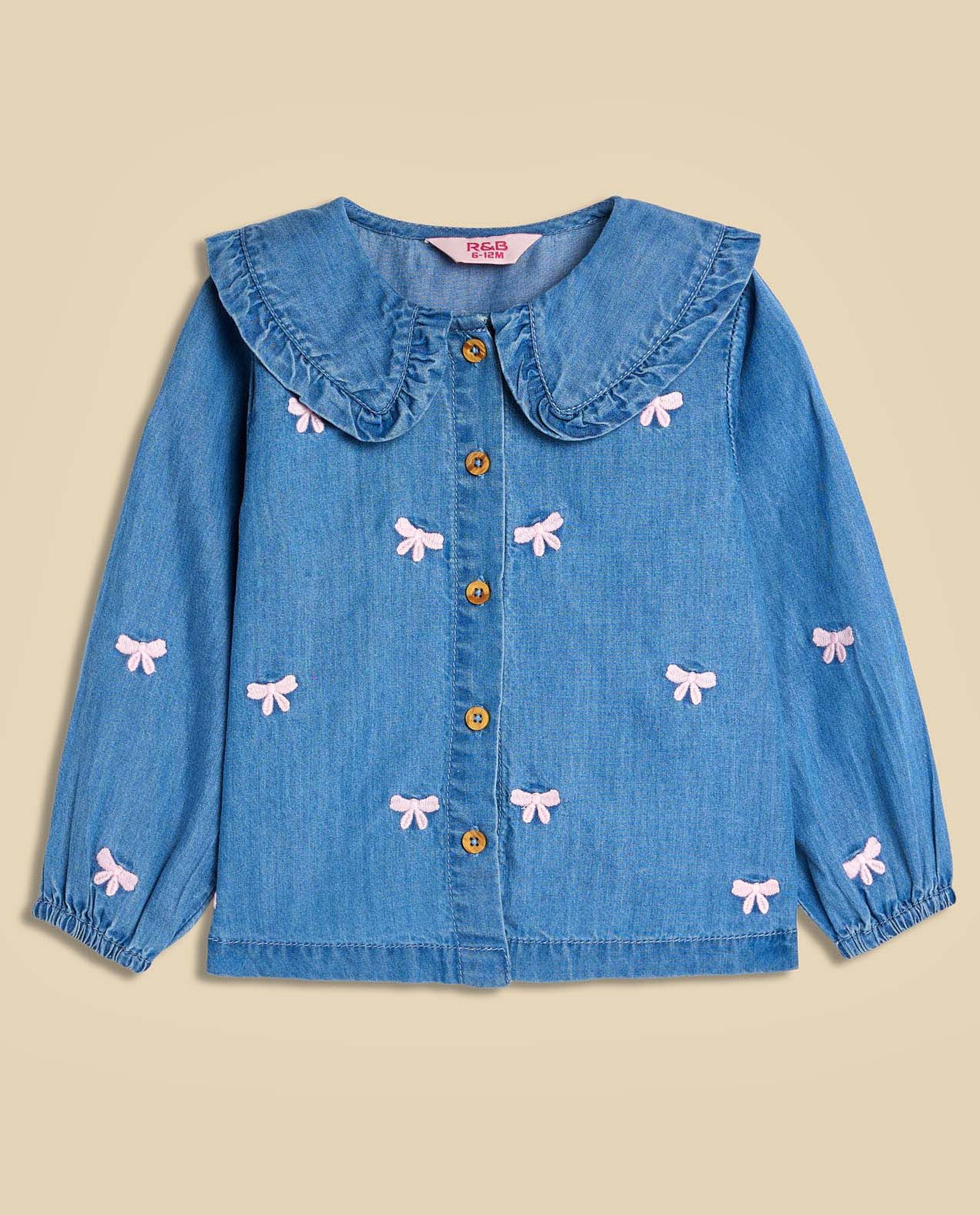 Embroidered Denim Shirt with Baby Collar and Long Sleeves