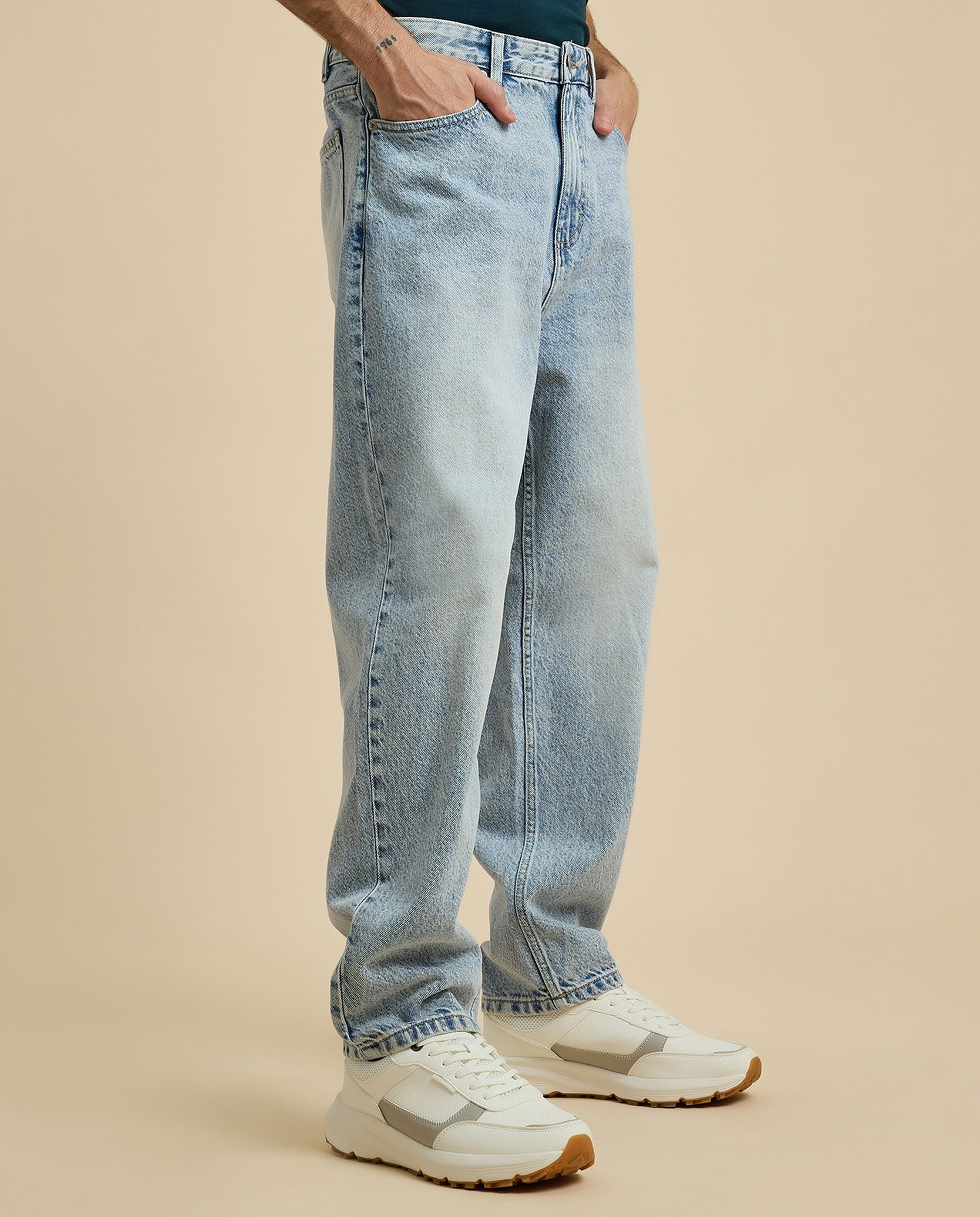 Faded Relaxed Fit Jeans with Button Closure