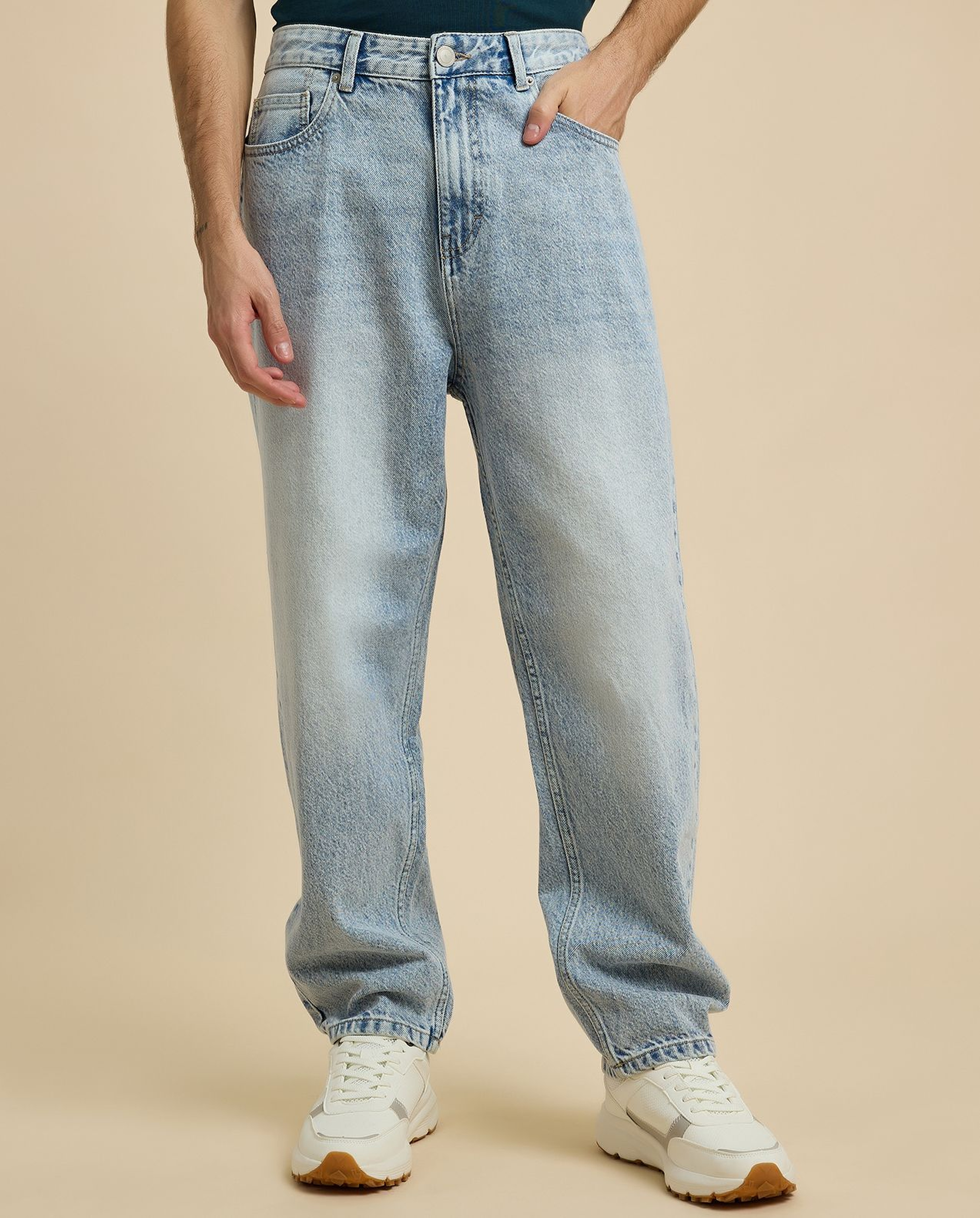 Faded Relaxed Fit Jeans with Button Closure