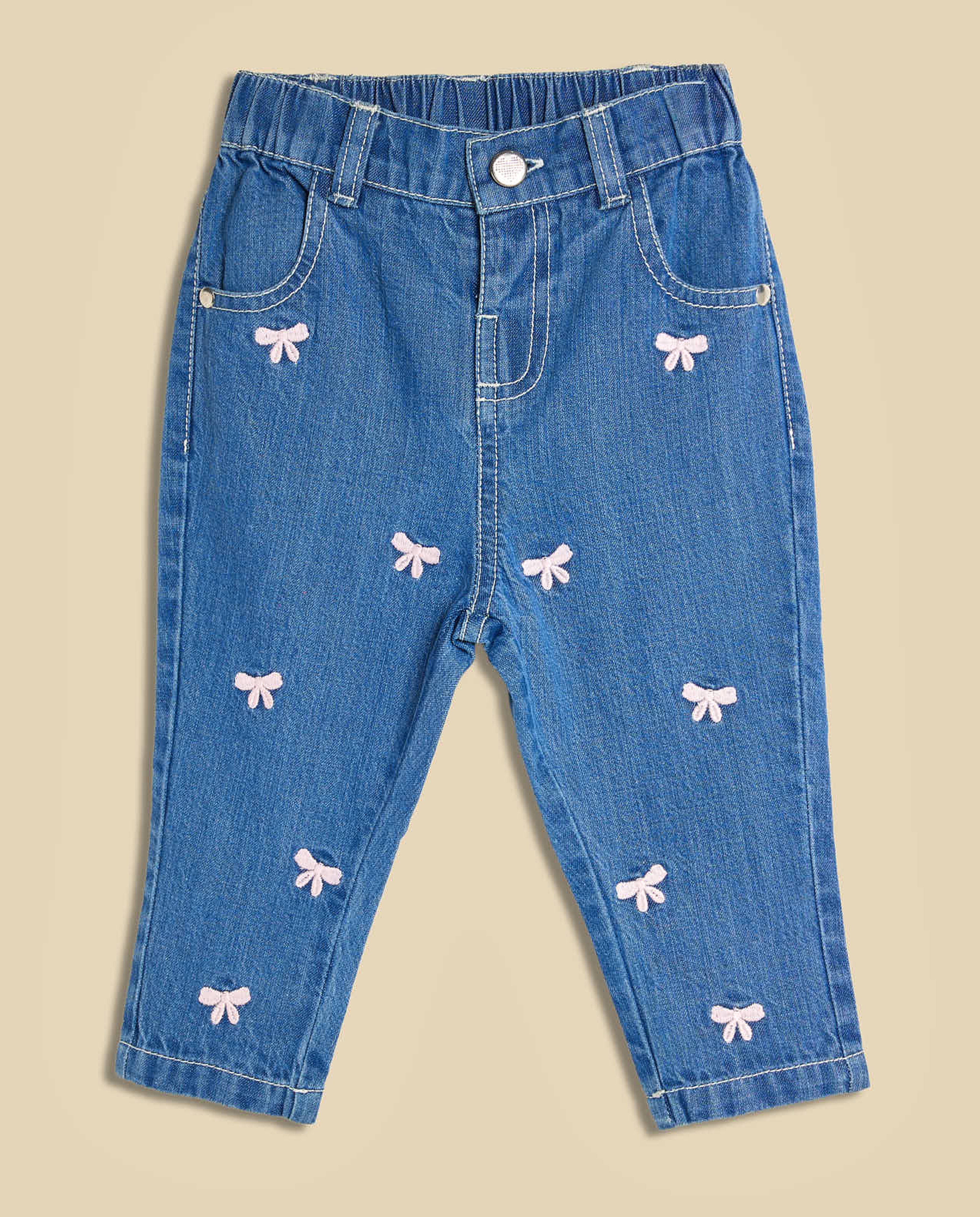Bow Embroidered Jeans with Button Closure