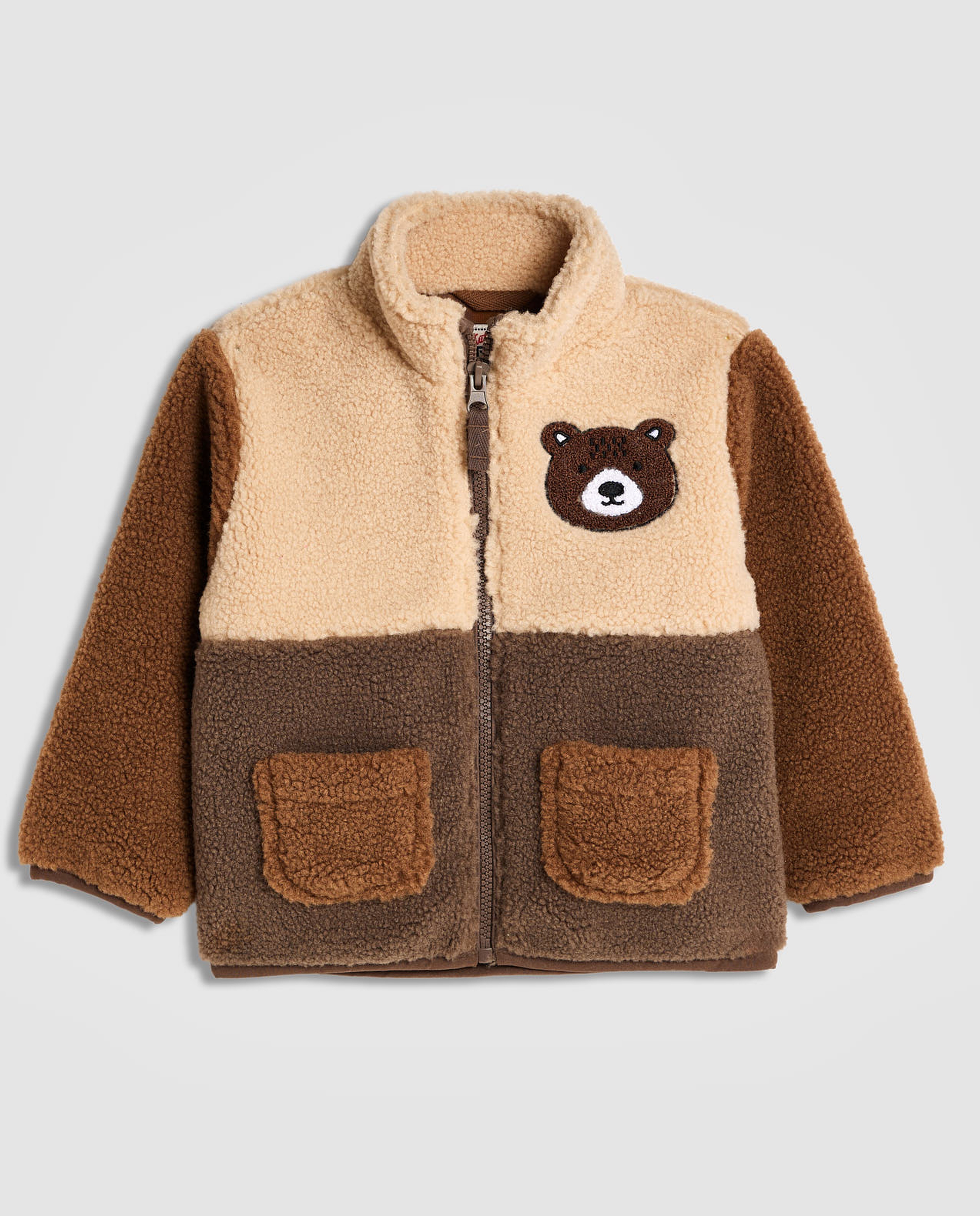 Color Block Plush Jacket with High Neck and Long Sleeves